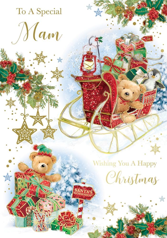 "Express Yourself" Christmas Card To A Special Mam – White theme with two teddy bear and some gifts with a sleigh, beautiful star decoration