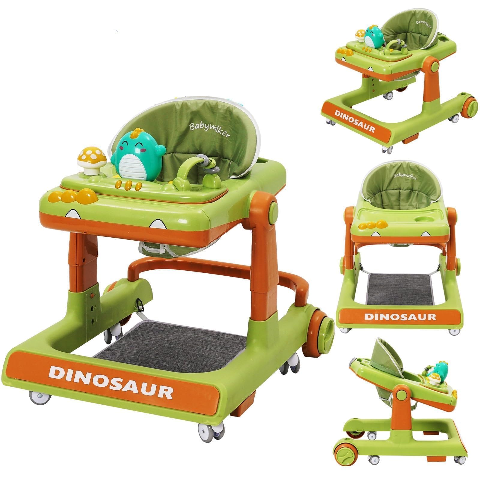 Trotteur pour Bébé Dinosaure Avec Jouets Musicaux,Repose-pieds,Hauteur Réglable,6 Roues Silencieuses À 360°,Avec Aide Au Freinage,Trotteur Adapté Aux Bébés À Partir De 0+
