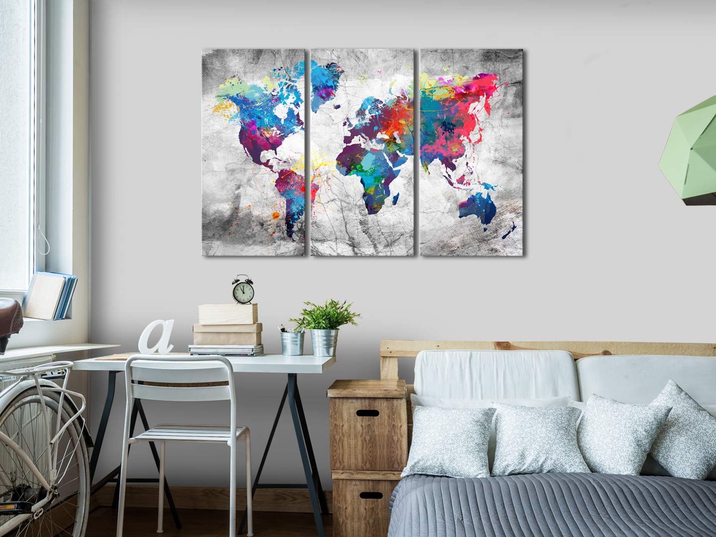 Wandbild XXL 90x60 Cm – 3-teilige Weltkarte Auf Vlies-Leinwand, Fertig Auf Holzrahmen
