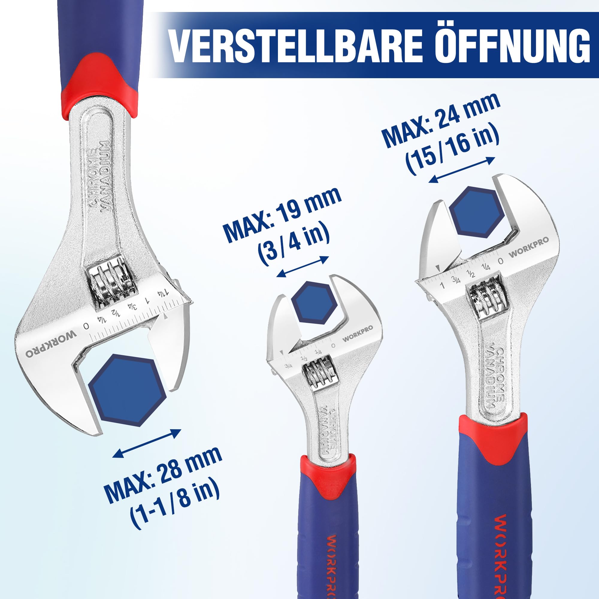 WORKPRO Schraubenschlüssel Verstellbar Einmaulschlüssel Rollgabelschlüssel Set aus Chrom-Vanadium Stahl mit Gummigriff inkl. 150, 200, 250 mm 3-teilig
