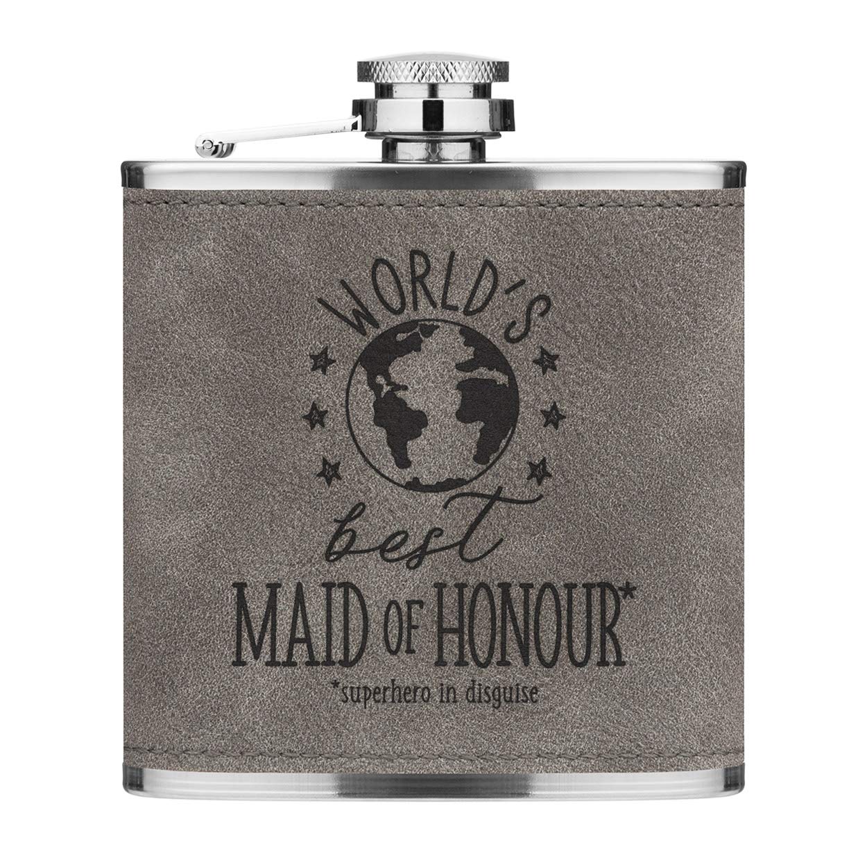 World's Best Maid of Honour 6oz PU Leather Hip Flask Grey Luxe