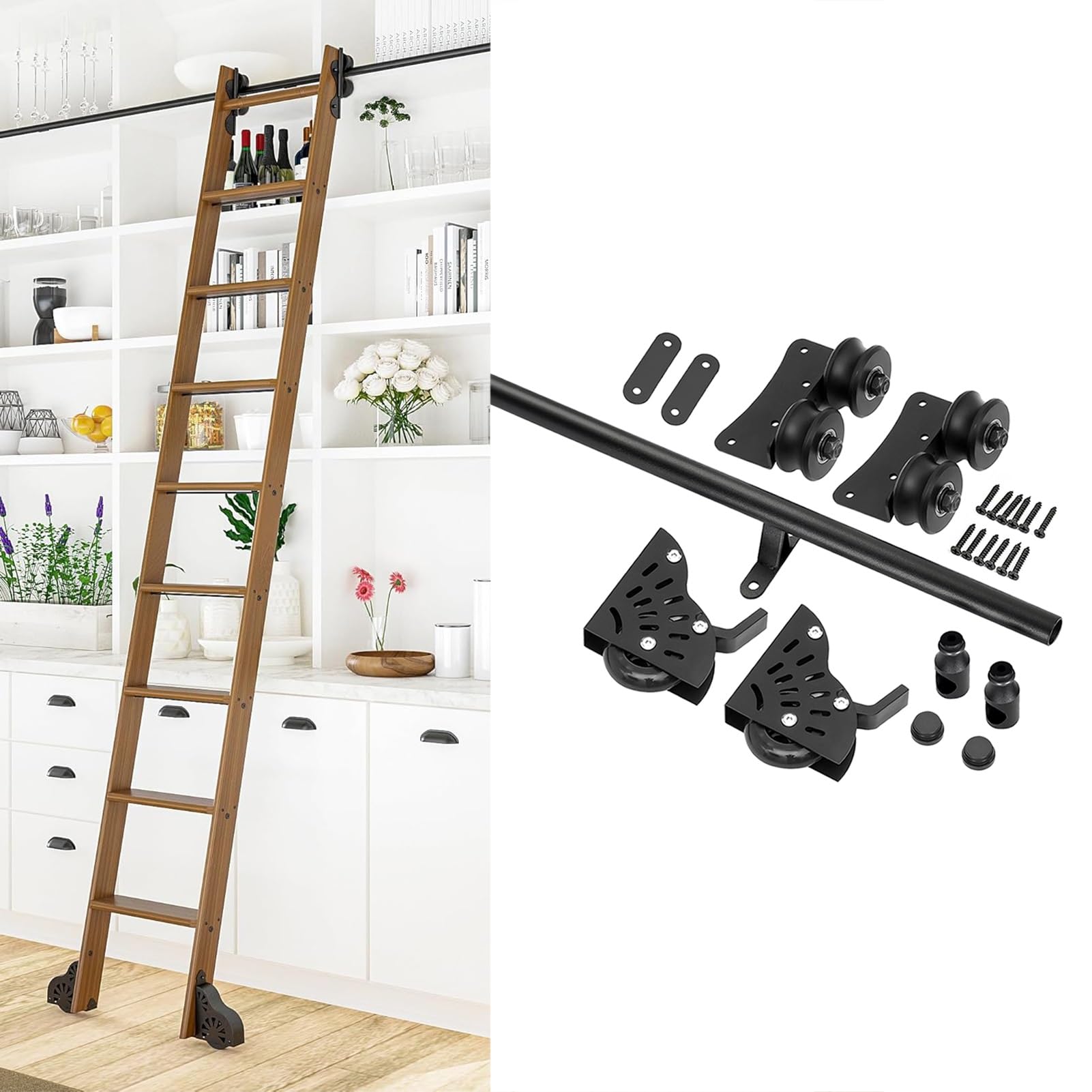 DONGGANSHI Sliding Ladder Hardware Kit(No Ladders) Rolling Track/Rail,Full Set Ladder Track Kit for Home Loft Library,Black Finish(24ft/732cm Track kit)
