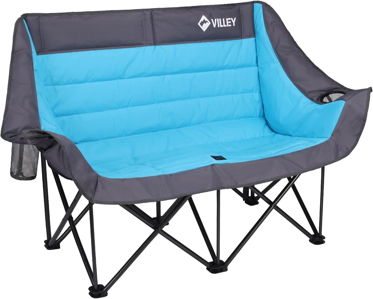 VILLEY Oversized Double Camping Chair for Adults, Heavy-Duty Folding Loveseat Camp Chair with Cup Holders, 2 Person Outdoor Chair Supports up to 900 lbs for Camping, Beach, Lawn, Blue and Grey