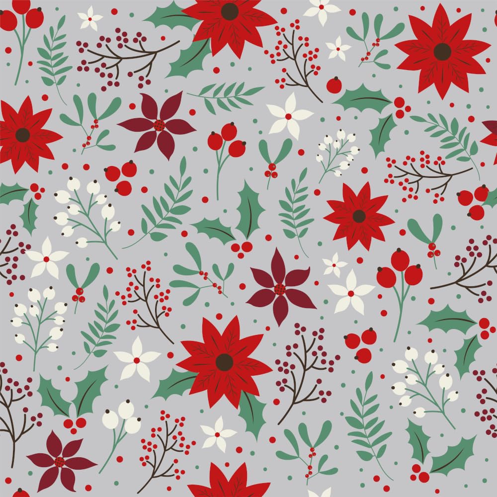 Polycotton Fabric Festive Poinsettia Mistletoe Holly Flower Floral Christmas (Sold Per Metre) (Silver)