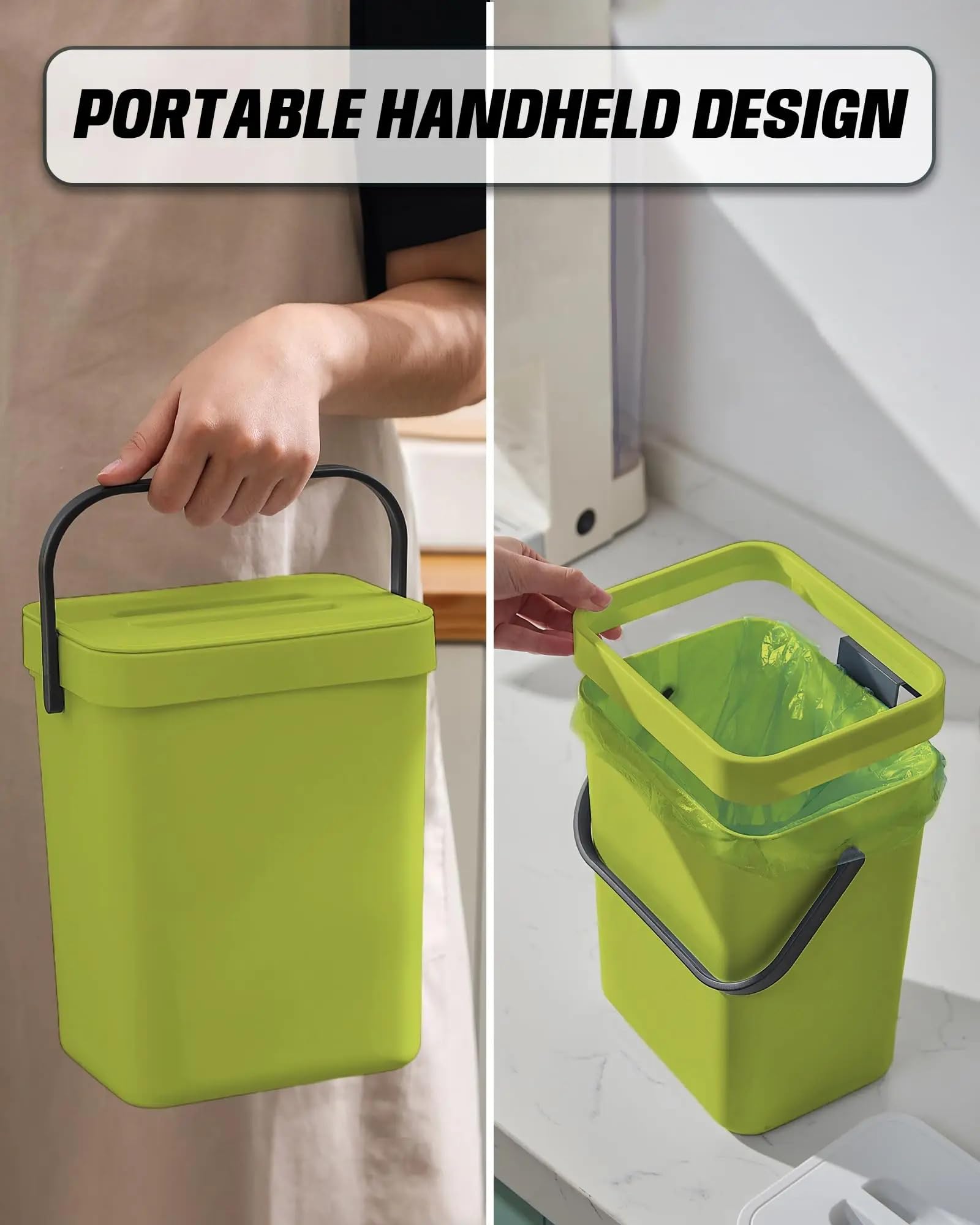 Cubo Basura Plegable Bote de basura abono interior colgante con tapa | Restos de comida sin olores sellados con plástico(12L,Green)