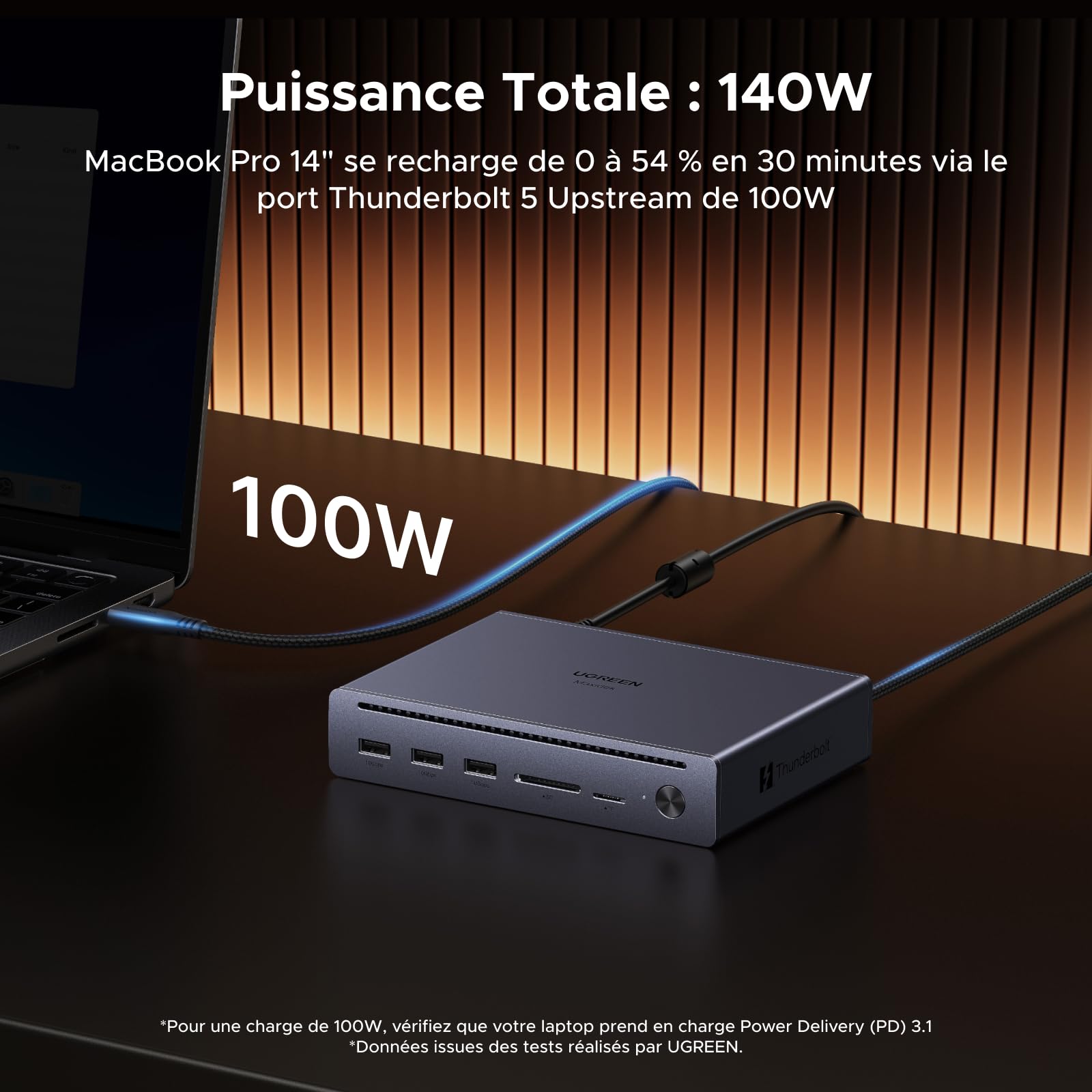 UGREEN Maxidok Thunderbolt 5 Docking Station Revodok 10 en 1 Station d'accueil avec 2*TBT5 120Gbps 8K60Hz DisplayPort Multi-Affichage 3*USB-A 3.2 10Gbps RJ45 Gigabit Lecteur SD TF 110W Max Charge