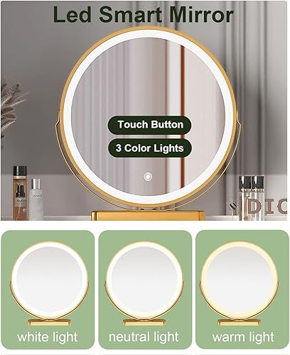 Miniatura 3 de Escritorio de tocador con espejo iluminado y parte superior de cristal, juego de mesa de maquillaje grande con cajones, armario lateral y silla,