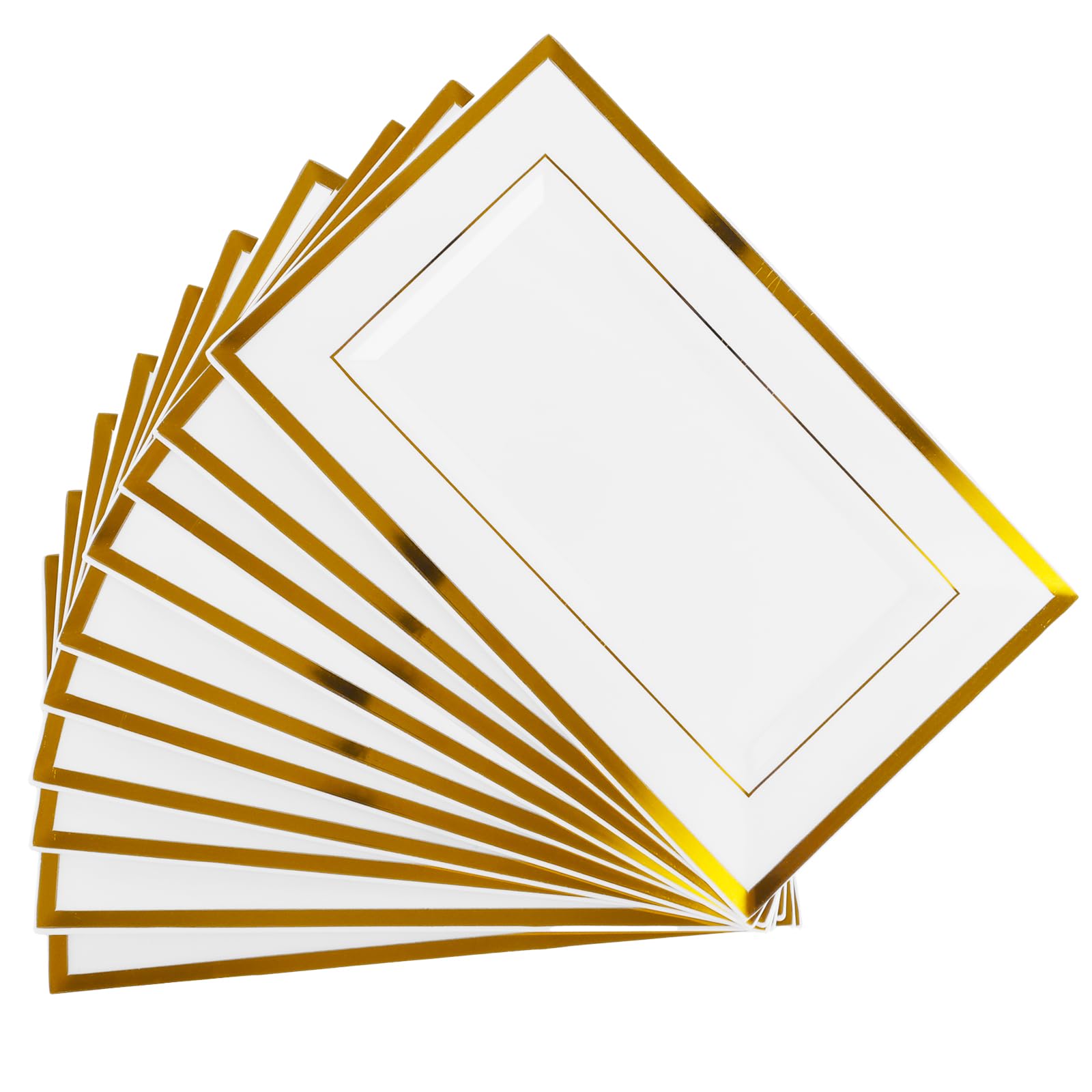 10 Stück Weiße Plastik Servierplatten mit Goldrand, 33x20x1,5cm Kunststoff Serviertablett Weiße, Servierplatten Kuchenplatte Rechteckig für Buffets, Sushi, Catering, Buffets, Geburtstage