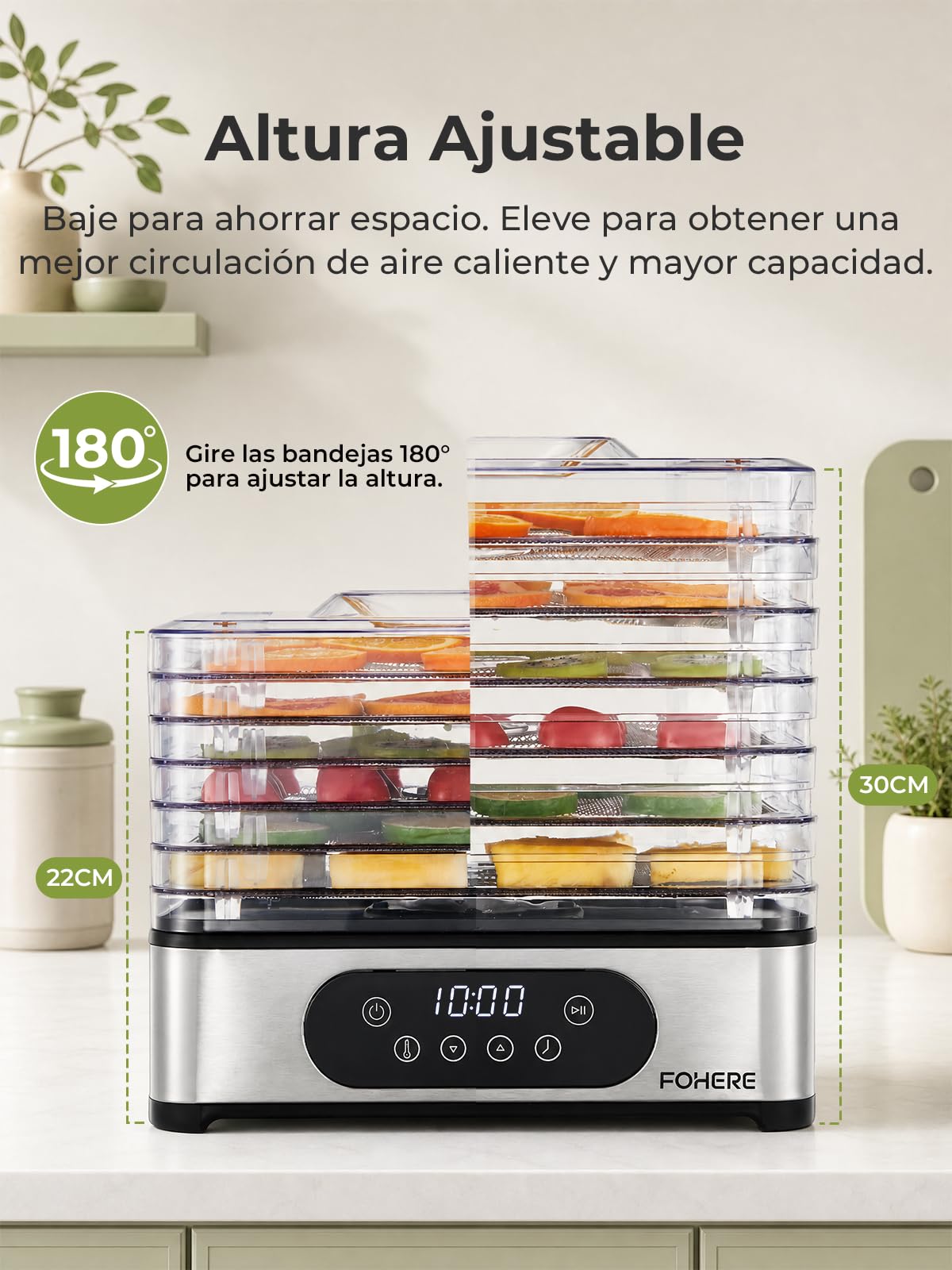 FOHERE Deshidratador de Alimentos, 6 Bandejas de Acero Inoxidable, 35-70°C | Temporizador de 48H, 400W, 3 Frasco de Almacenamiento, Molde de Silicona para Barras de Cereales, para Frutas Verduras Carne