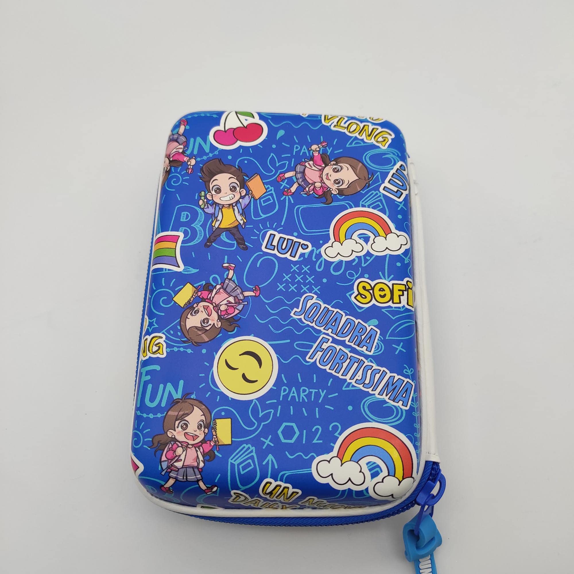 ME CONTRO TE ASTUCCIO ONE TIME RIGIDO COMPLETO CON UNA ZIP GRANDE COLORE AZZURRO LUI' E SOFI'