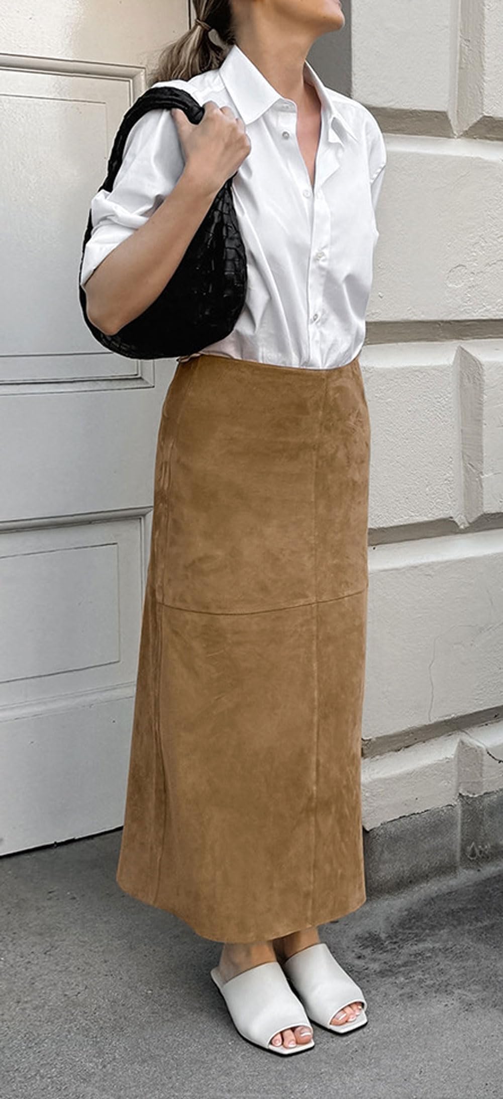 CHARTOU Eleganter Maxirock für Damen, Herbst, Winter, Kunstleder, normale Passform, Maxirock