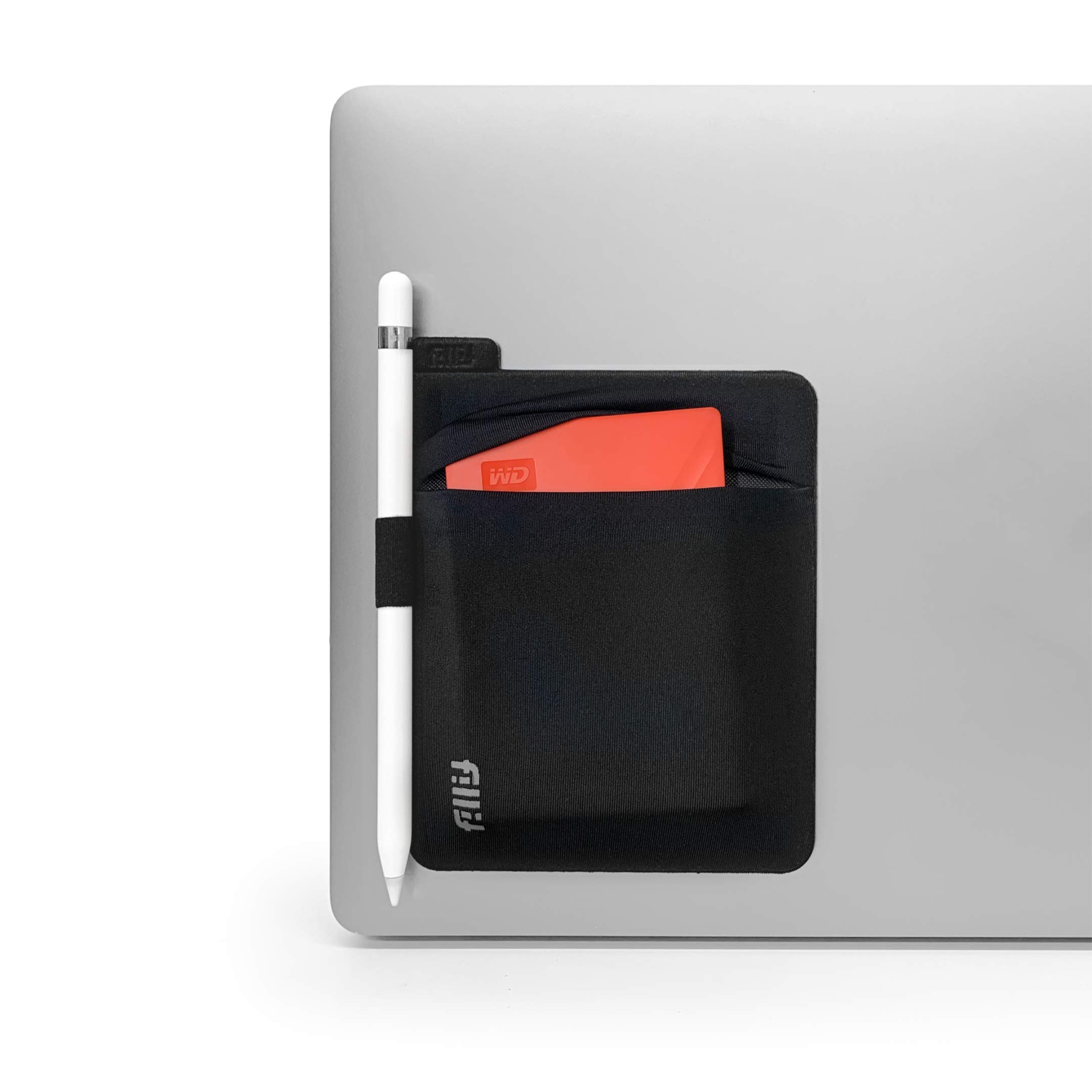 Fillit PocketV2, Tech Holster, Black, Reusable Adhesive Pocket Storage for External Hard Drives, Battery Packs, Cables, and Other Small Personal Items