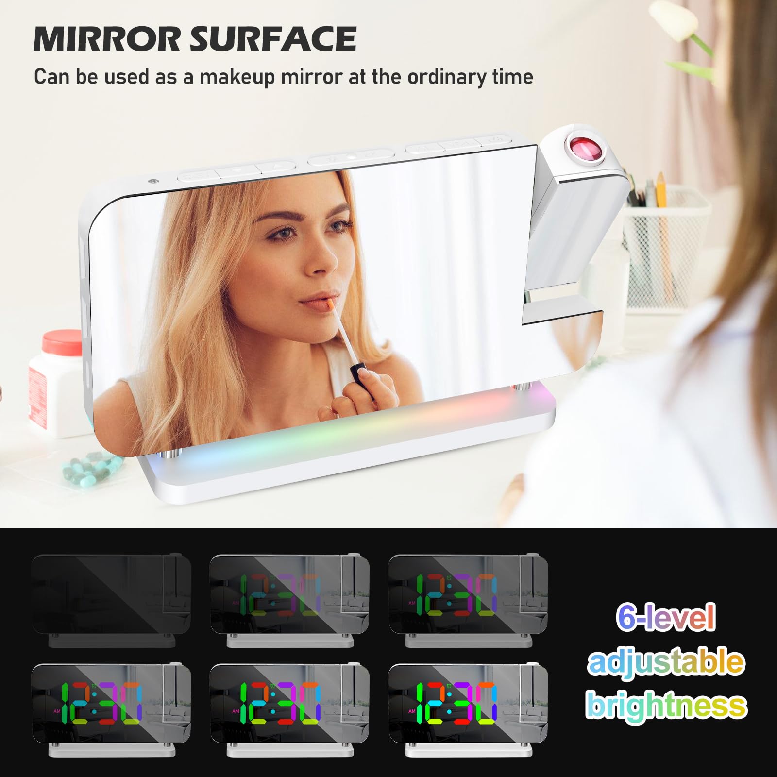 PORFOYO Sveglia con proiezione, sveglia con orologio LED RGB a specchio, 10 colori, luce notturna e proiettore girevole a 180°, sveglia digitale con USB-C, per camera da letto, bambini, ufficio