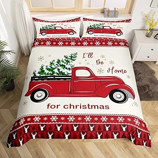 Red Xmas Truck Duvet Cover Set Queen Size,Geometric Snowflake Antlers Plaid Bedding Set for Kids Girls Women Winter Room Decor,Merry Christmas Tree Comforter Cover Vintage Trailer Quilt Cover,3pcs