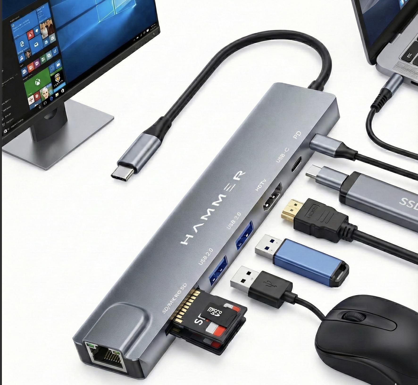 HAMMER 8-in-1 USB-C Hub | 100W PD Charging, 5Gbps Data Transfer, HDMI 4K, (RJ45) Ethernet Port, SD/TF Card Reader, USB 3.0 & 2.0 | Multiport Adapter for Laptop, MacBook, & Smartphones (Grey) — Amazon image 3