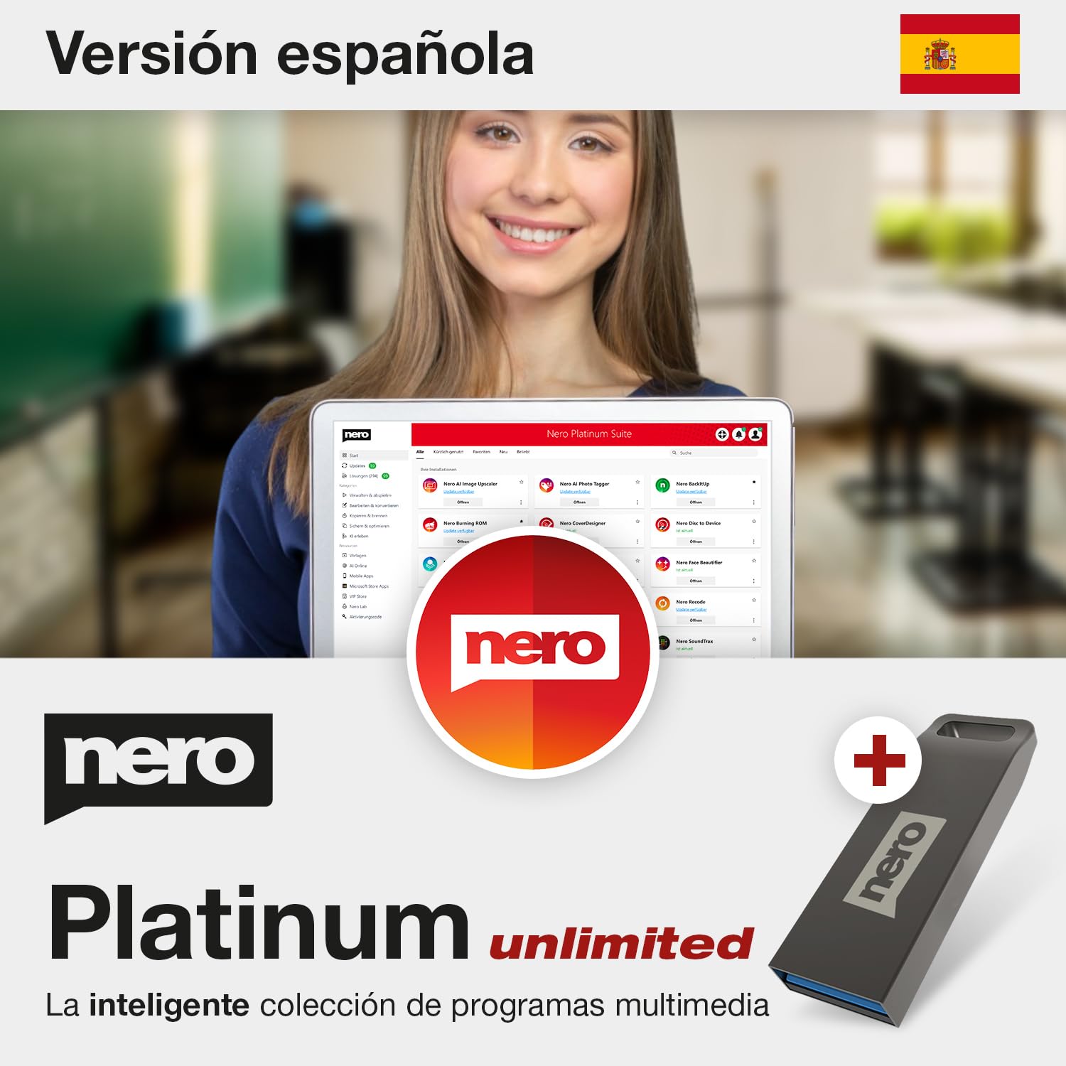 EL PAQUETE DE SOFTWARE: Nero Platinum Unlimited en USB | Edición de vídeo | Copia de seguridad | Gestión y reproducción de medios | 8K | Fotos | Música | Ajuste del PC | Windows 11 / 10 / 8 / 7