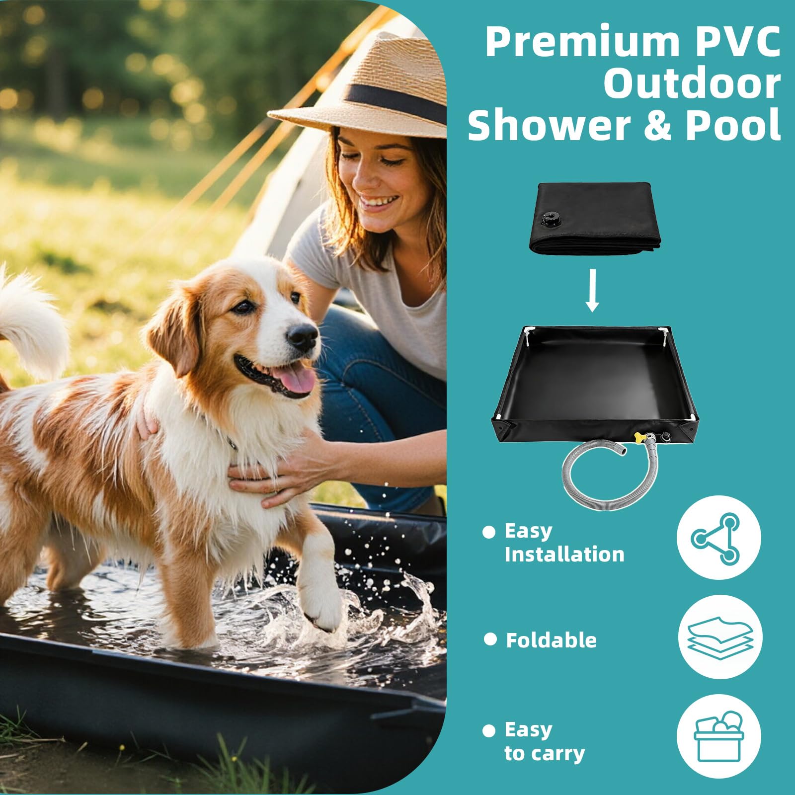 Doccia da campeggio, pieghevole, 80 x 80 cm, con tubo di scarico, impermeabile, portatile, base doccia per esterni, fondo tenda, lavabo, per camper, viaggi, giardino, vasca per animali domestici