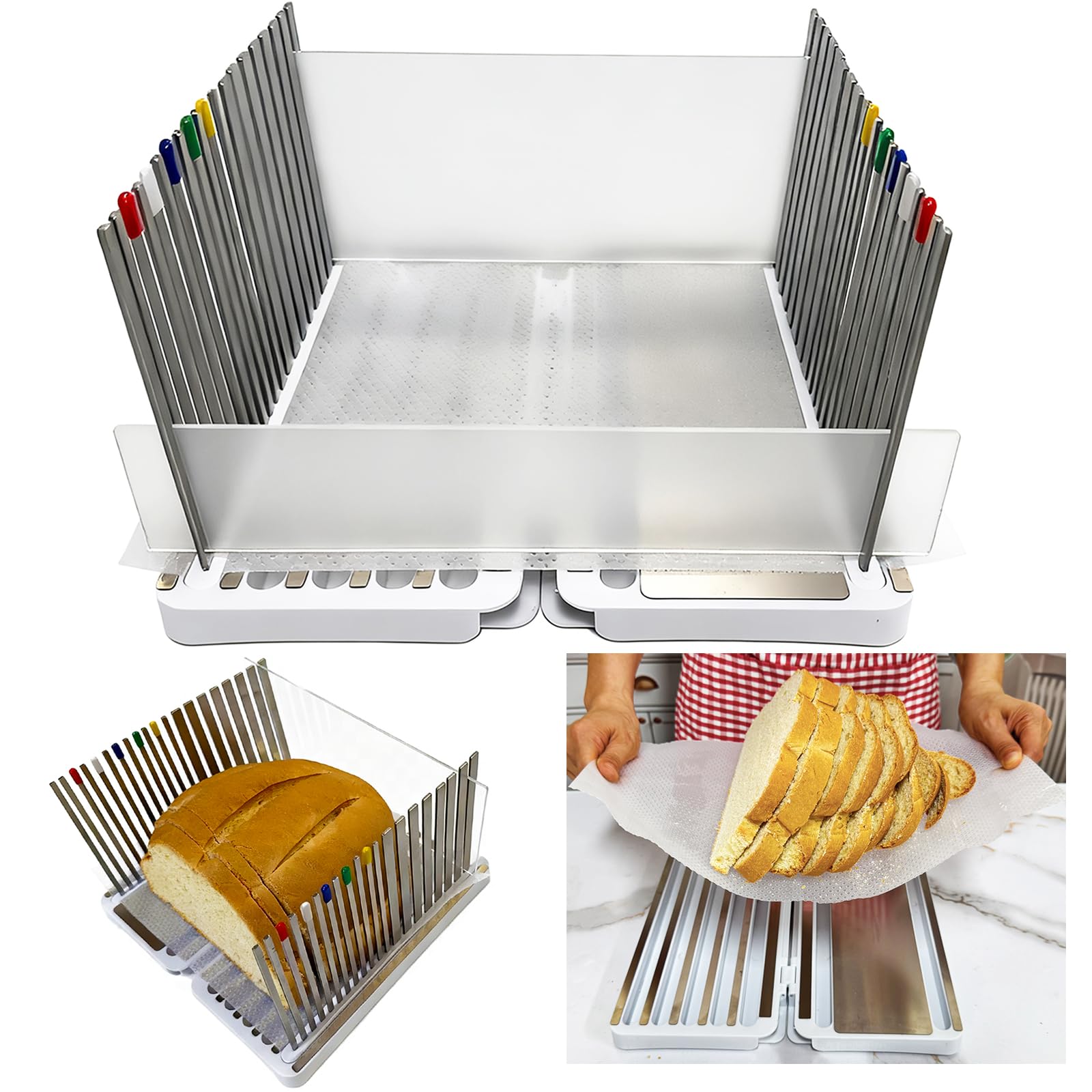 Photo 1 of Stainless Steel Bread Slicer for Homemade Bread, Bread Slicing Guide with 20 Liners, 2 Thickness Cutting Guide with Crumb Tray, Bread Loaf Cutter Adjustable Width, for Sourdough, Meats, Deli