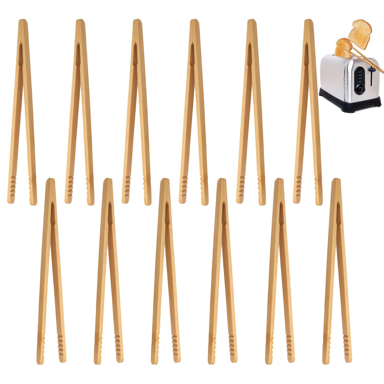 Set De 12 Pinces Grille-Pain En Bambou 17,8 Cm - Pinces à Pain Réutilisables Antidérapantes