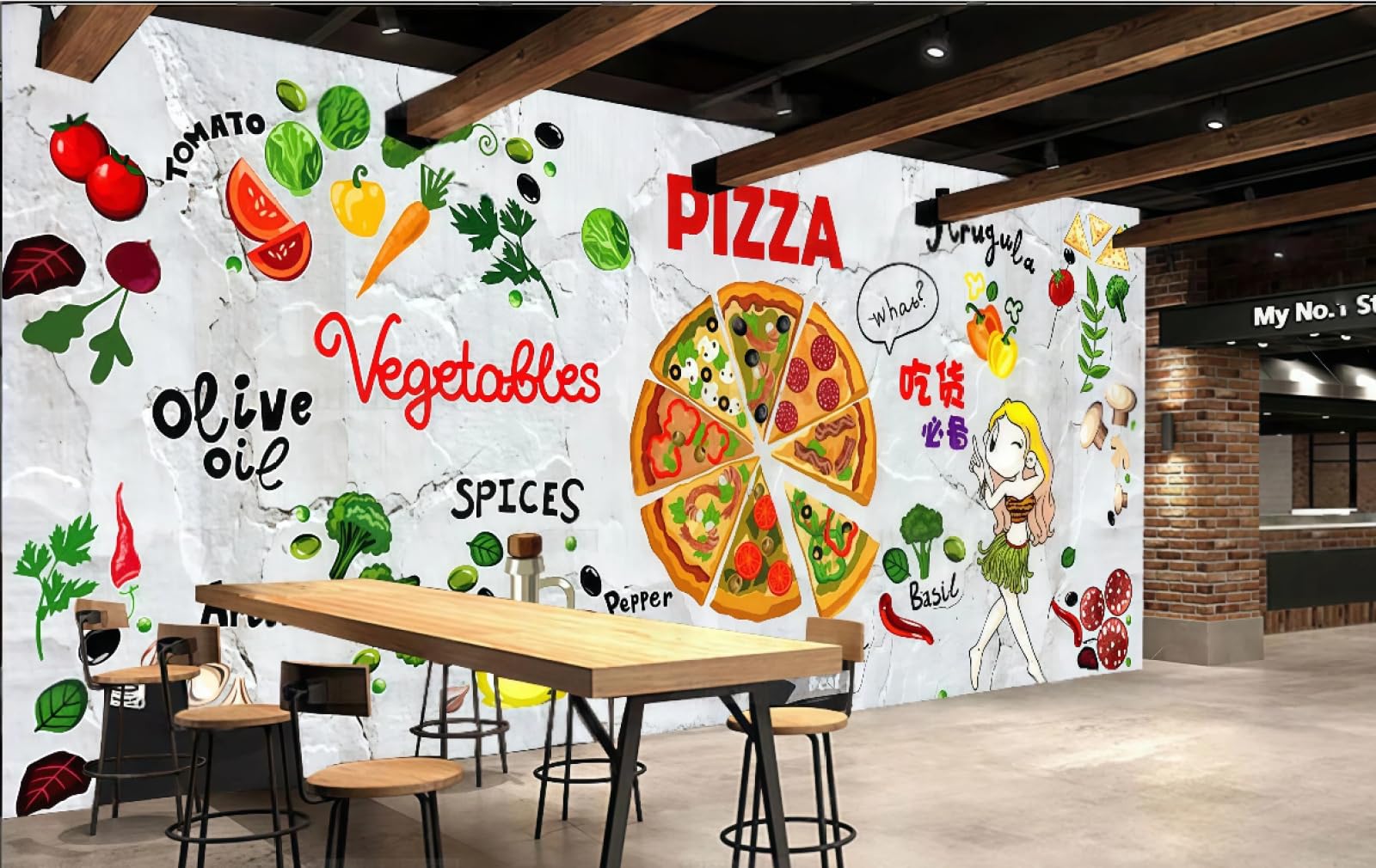 rskjdghshd Wallpaper Cement Wall Hand-Painted Cartoon Pizza Burger Gourmet Shopping Mall Western Restaurant Background Wall Mural Afternoon Tea Coffee Shop Wallpaper,3D,150x105cm