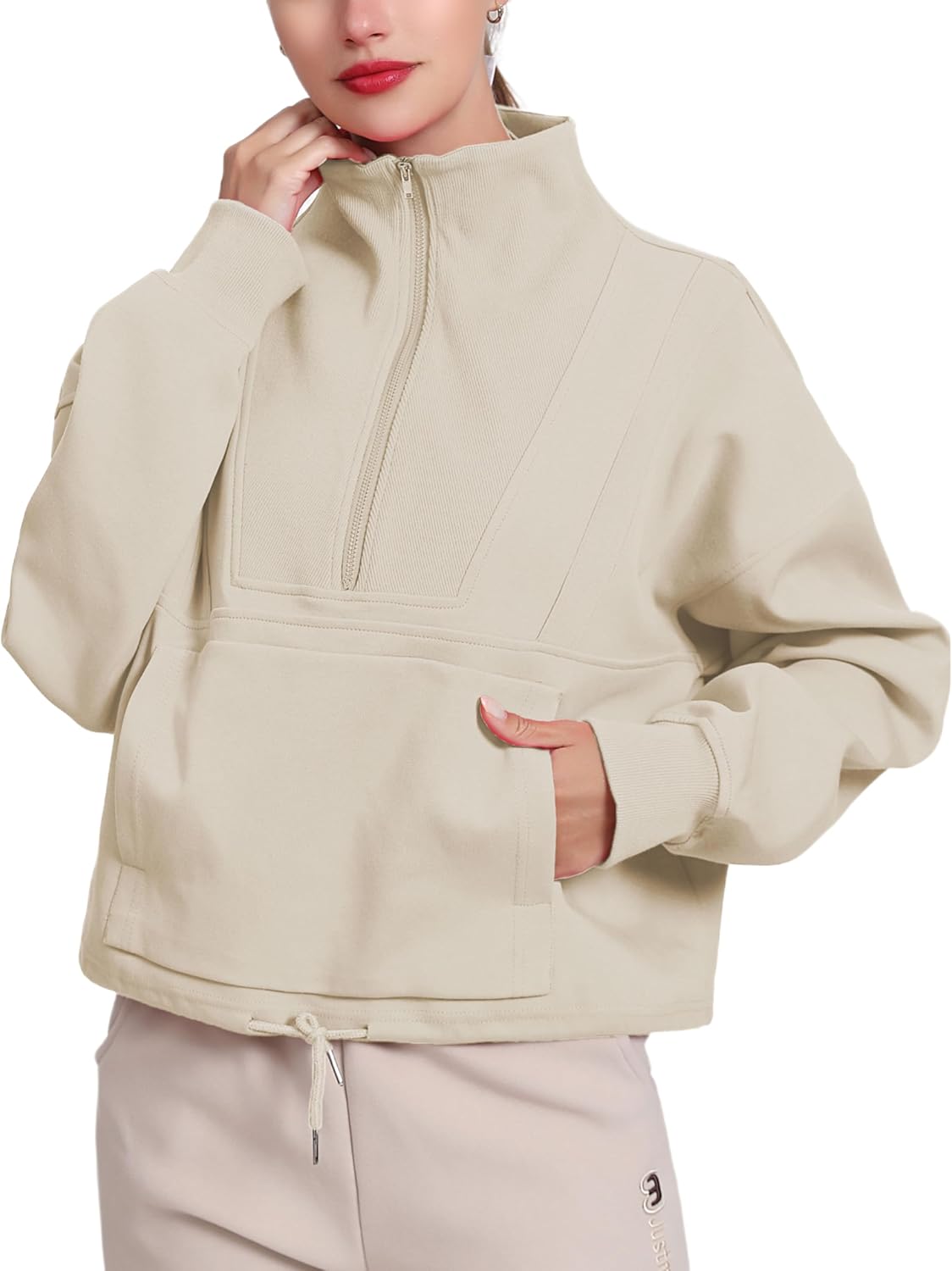 HerGymClothing Womens Cropped Sweatshirt Long Sleeve Half Zip Loose Workout Crop Athletic Jacket