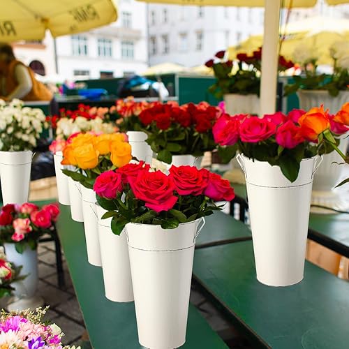 Miniatura 5 de Zubebe 8 piezas de 13.8 pulgadas galvanizado floreros de metal para flores, cubo rústico de flores francesas con asa para centros de mesa de boda,