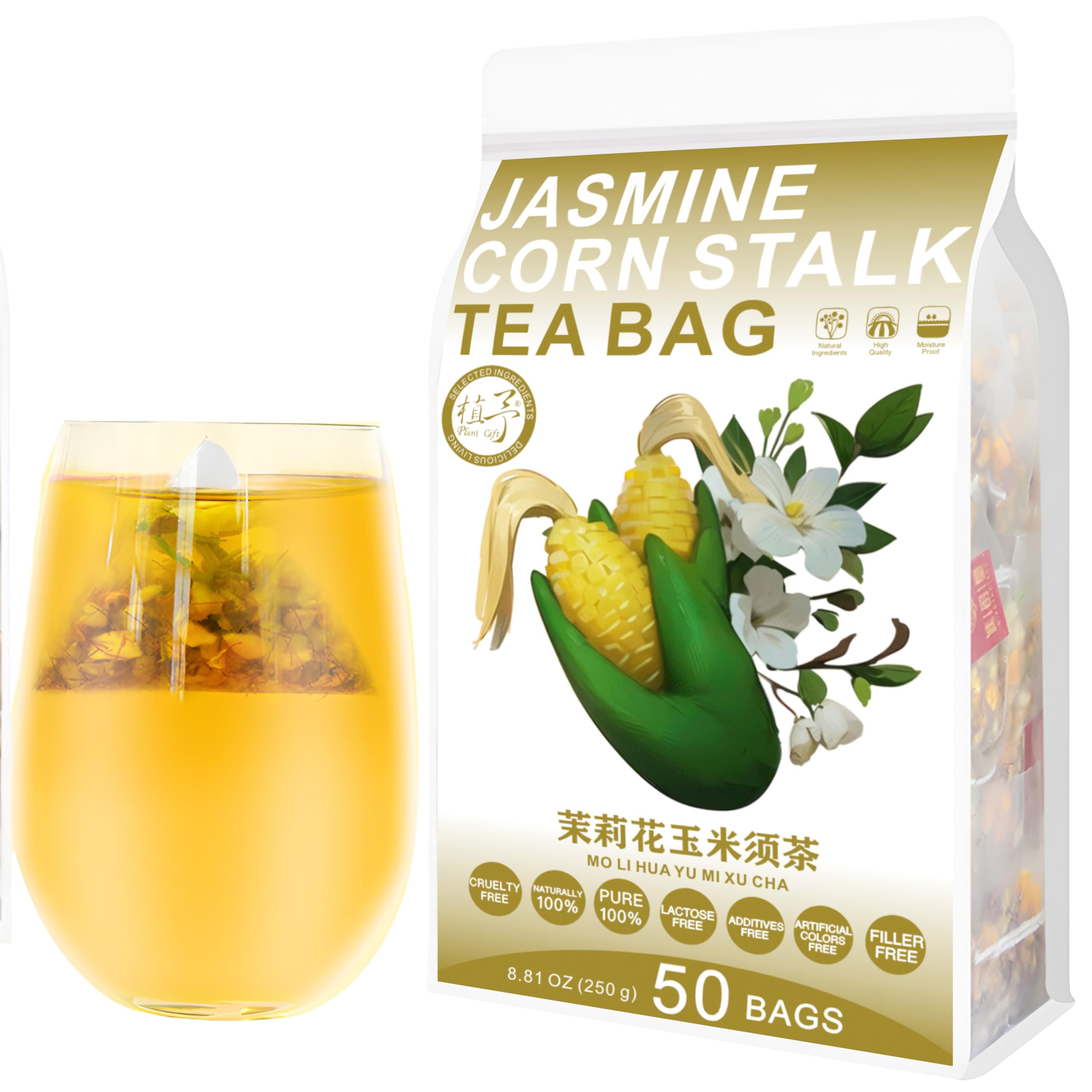 Plant Gift50 Cups Jasmine Corn Stalk Tea Bag (茉莉花玉米须茶 MO LI HUA YU MI XU CHA) 8.81oz (5g*50bags/250g) Bitter Tea, Gardenia Natural Mixed Herbal Combination of Floral Tea