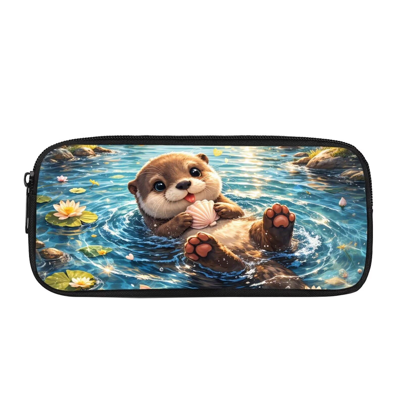 HUGS IDEA Lotus Otter Pencil Case Cute Pencil Pouch Large Zipper Stationery Organizer Portable Pencil Bag for Preteen Girls Elementary School College Office Trip Storage
