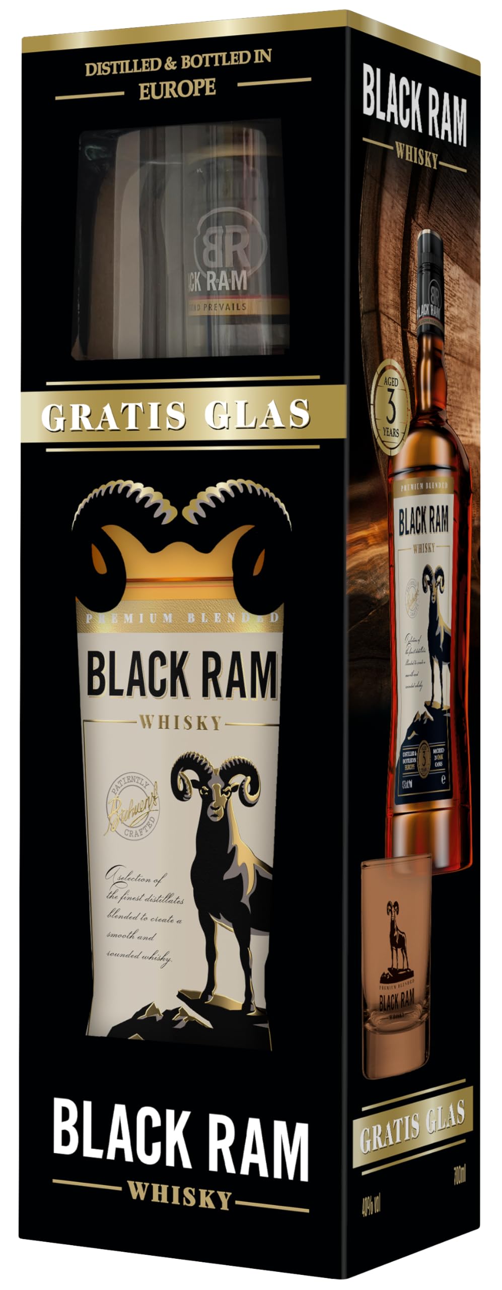 Black Ram Whisky I 3 Years I Geschenkpackung mit Glas | Starker komplexer Charakter I 40% vol. I 0,7 l