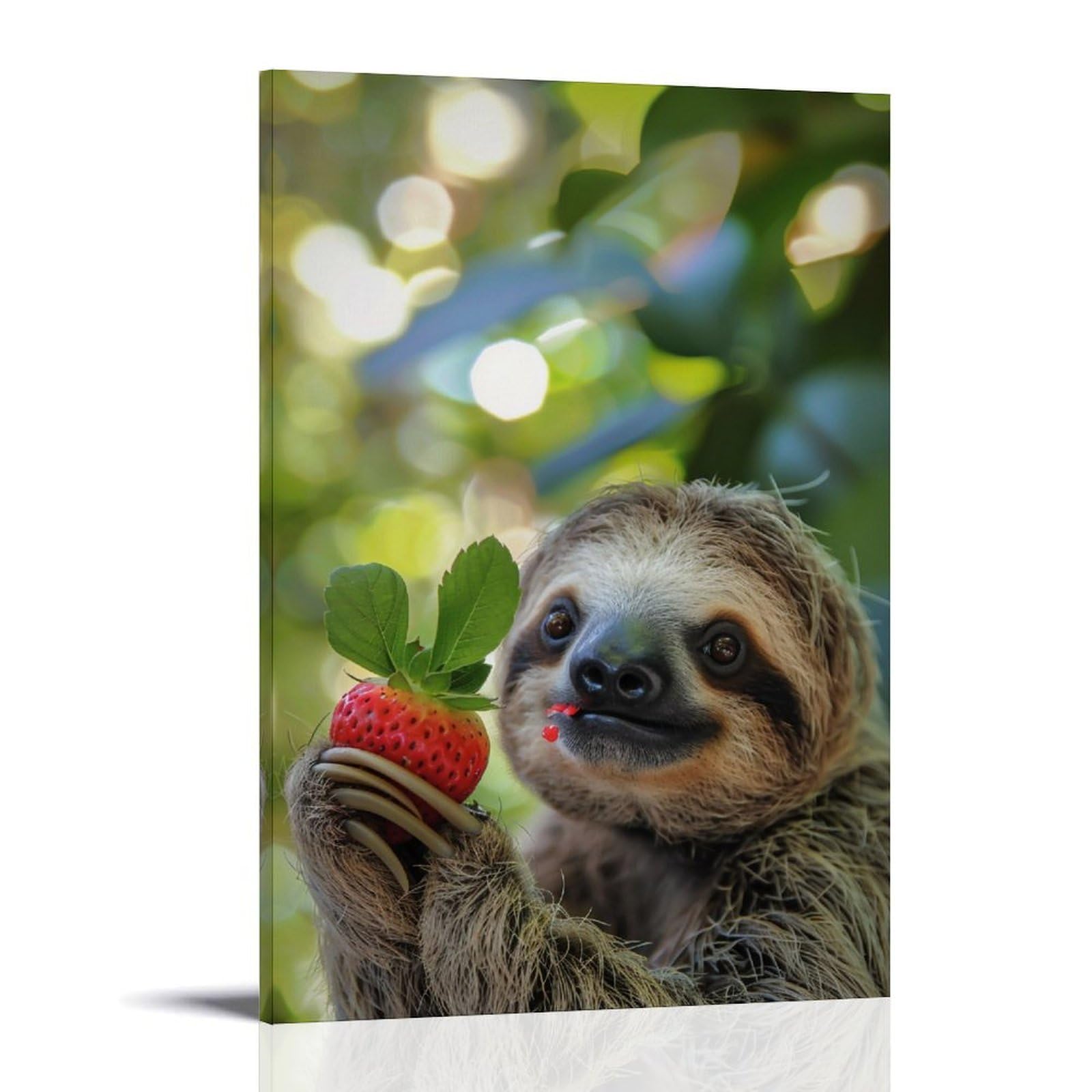 WHOUHJYE Sloth Strawberry Sweet Moment 02 Poster Wall Art Canvas Vintage Aesthetic Painting Decor for Rooms 20x30inch Frame-style