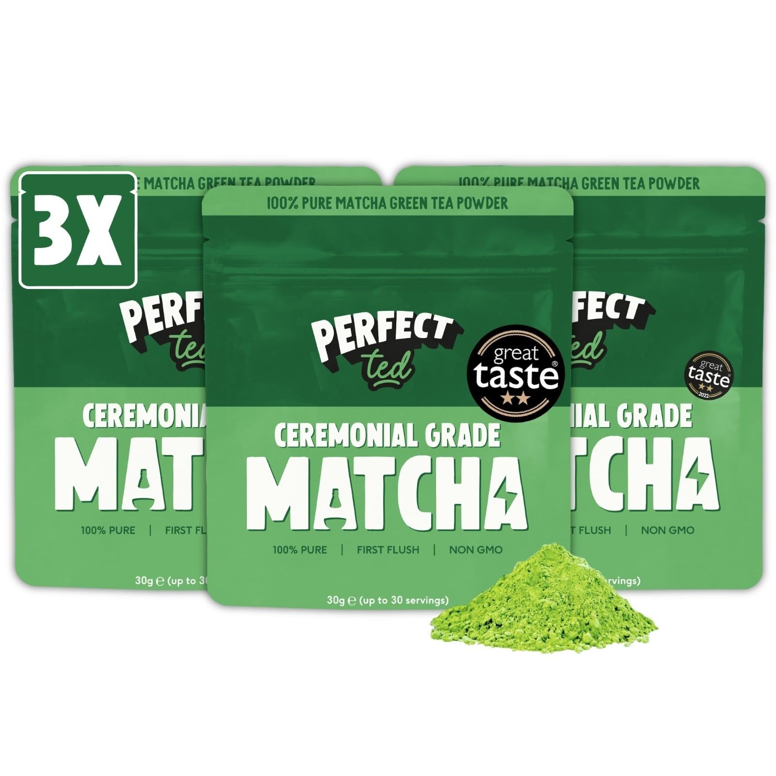 PerfectTed Matcha Powder & Hojicha ((3x30g) 90g, Ceremonial Grade Matcha)