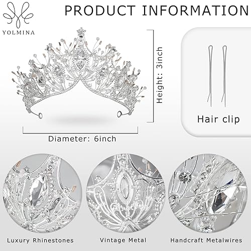 Miniatura 7 de Yolmina Corona barroca de reina, corona de boda plateada y tiara para novia, hecha a mano, diadema de diamantes de imitación de cristal de princesa