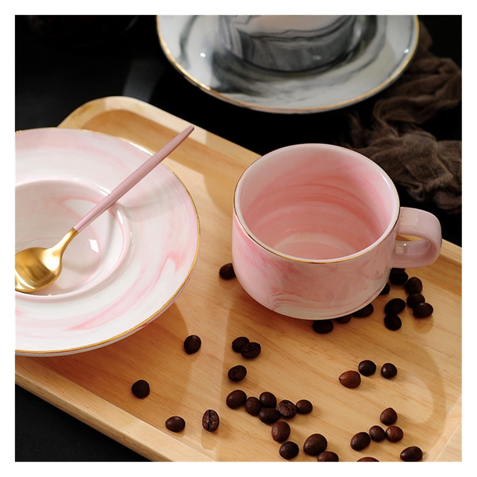 Marmurowa kawa milka kubek zestaw domu śniadanie filiżanka popołudniowa herbata zestaw ceramiczny kielich złota spodek (Color : Pink)