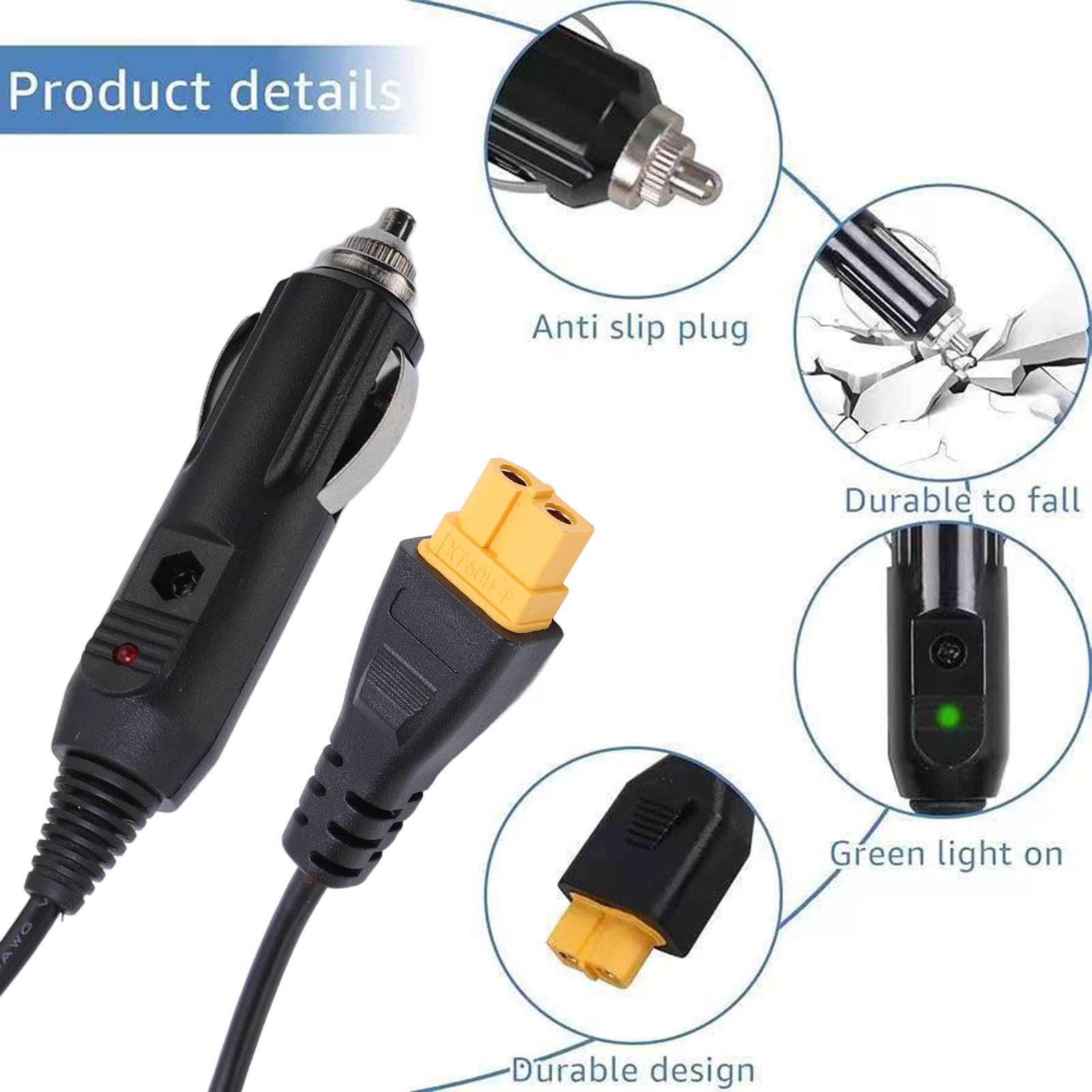 Eujgoov Câble Allume-cigare Mâle vers XT60 Femelle, Rallonge de 6,6 Pieds avec Fil 18awg pour Appareils RC Extérieurs