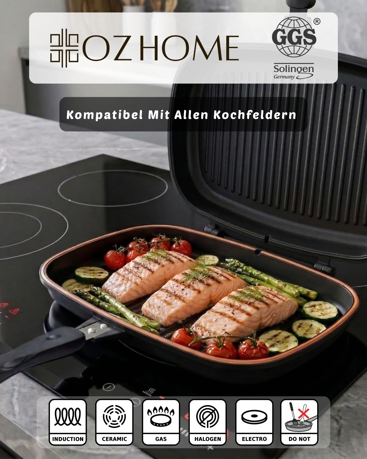 GGS Solingen Doppelseitige Grillpfanne 38 x 25,5 cm – Made in Germany | Wendepfanne Doppelpfanne aus Alu-Guss | Fischgrillpfanne für Induktion, Gas & Glaskeramik | PTFE-Antihaft | Magnetverschluss