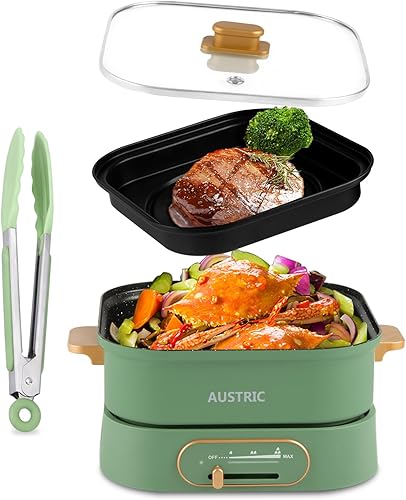 Austric Olla eléctrica 2 en 1 Shabu Shabu de 3.5 litros con bandeja extraíble para parrilla, olla caliente eléctrica sin Srick con control de
