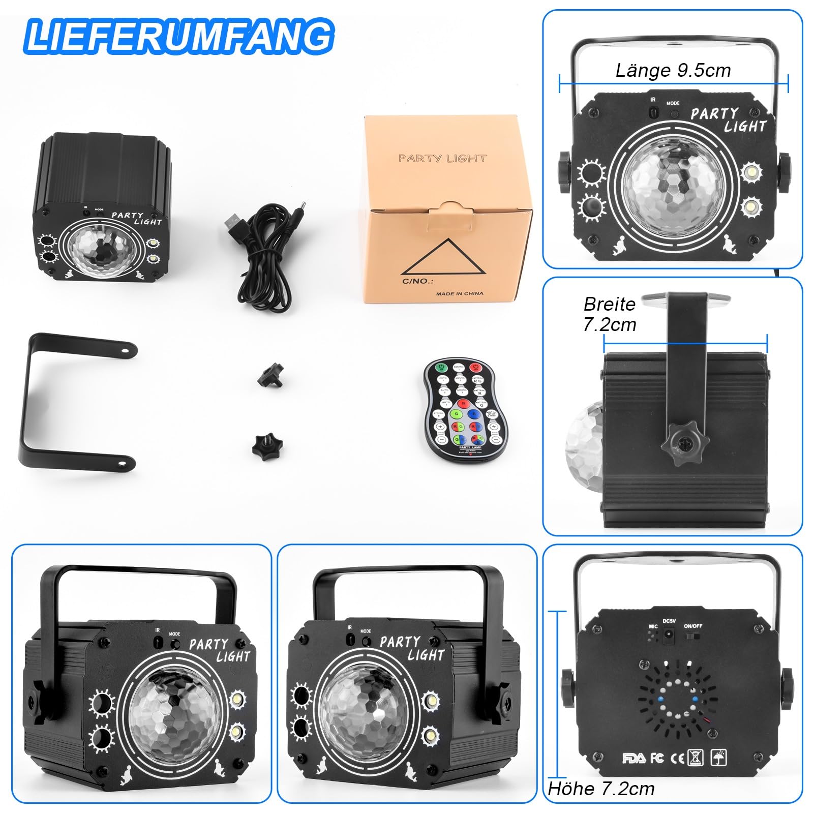 Nigecue 3 in 1 Discolicht Partylicht mit Fernbedienung, Musikgesteuert Disco Licht mit Stroboskop, Sprachsteuert LED DJ Party Lampe Discokugel mit 2M USB Kabel für Halloween Weihnachten Klub Feiertage