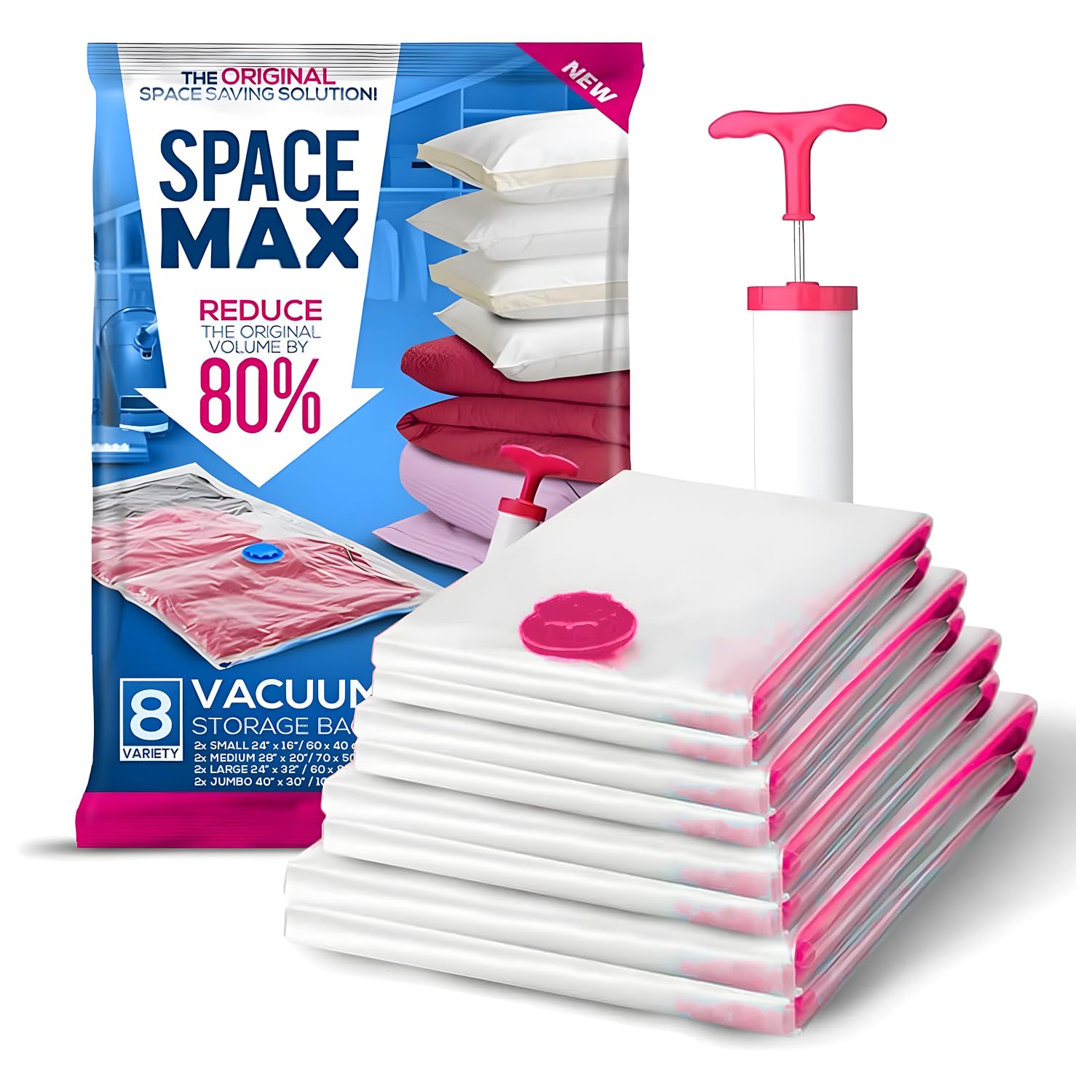 Variety 8 Pack - SPACE MAX Premium Space Saver Vacuum Storage Bags - Save 80% More Storage Space - Reusable, Double Zip Seal & Leak Valve, Includes Travel Hand Pump