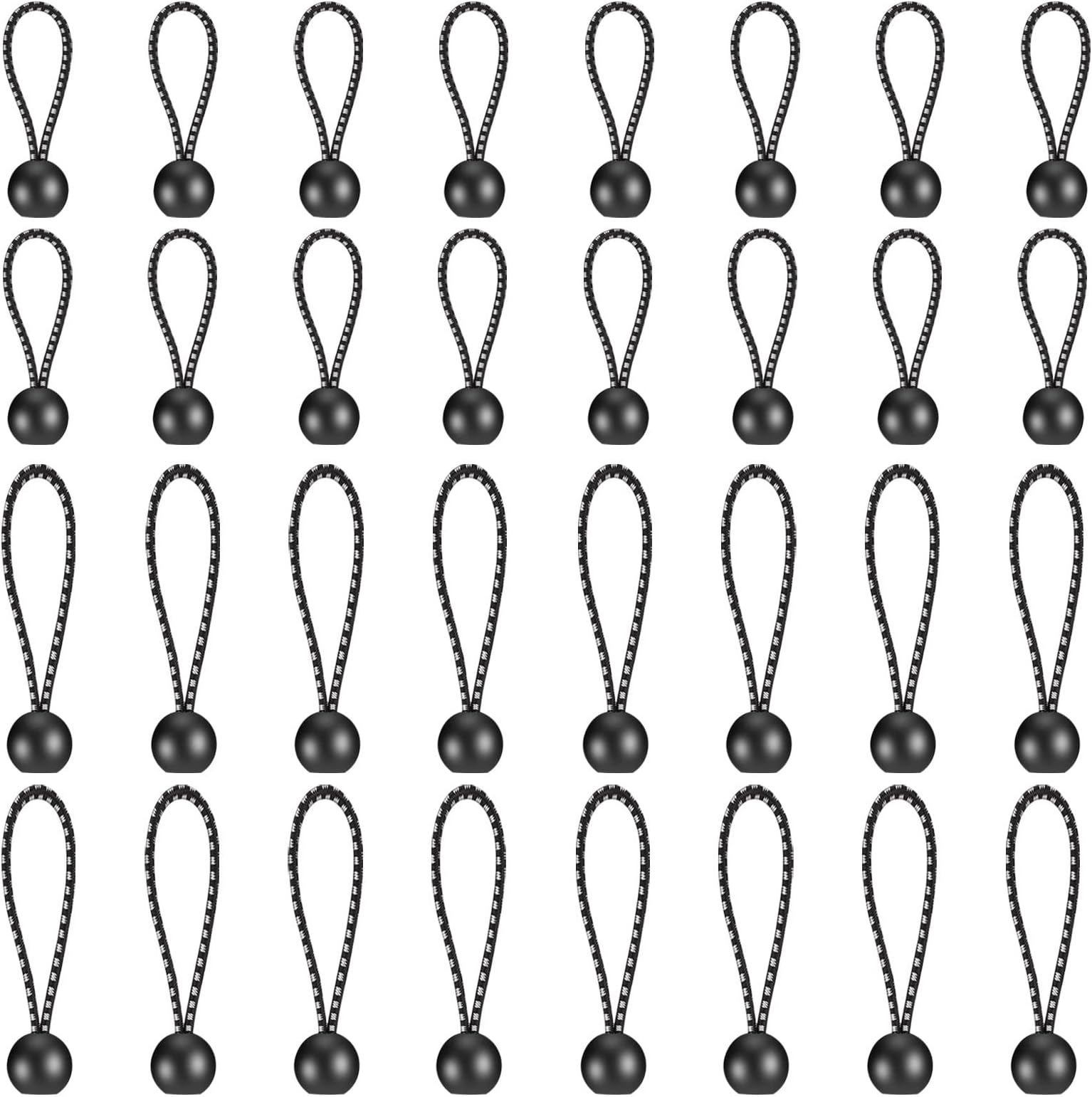 Tarpaulin Bungee Cords, Elastic Ties 32 PCS, Tent Rubbers ball clamps Bungee with Balls, 4in / 7in 2 Sizes, Elastic String Black Wrapping Rope Flexible Bungee Ball Tarpaulin Adjustable Bungee Straps