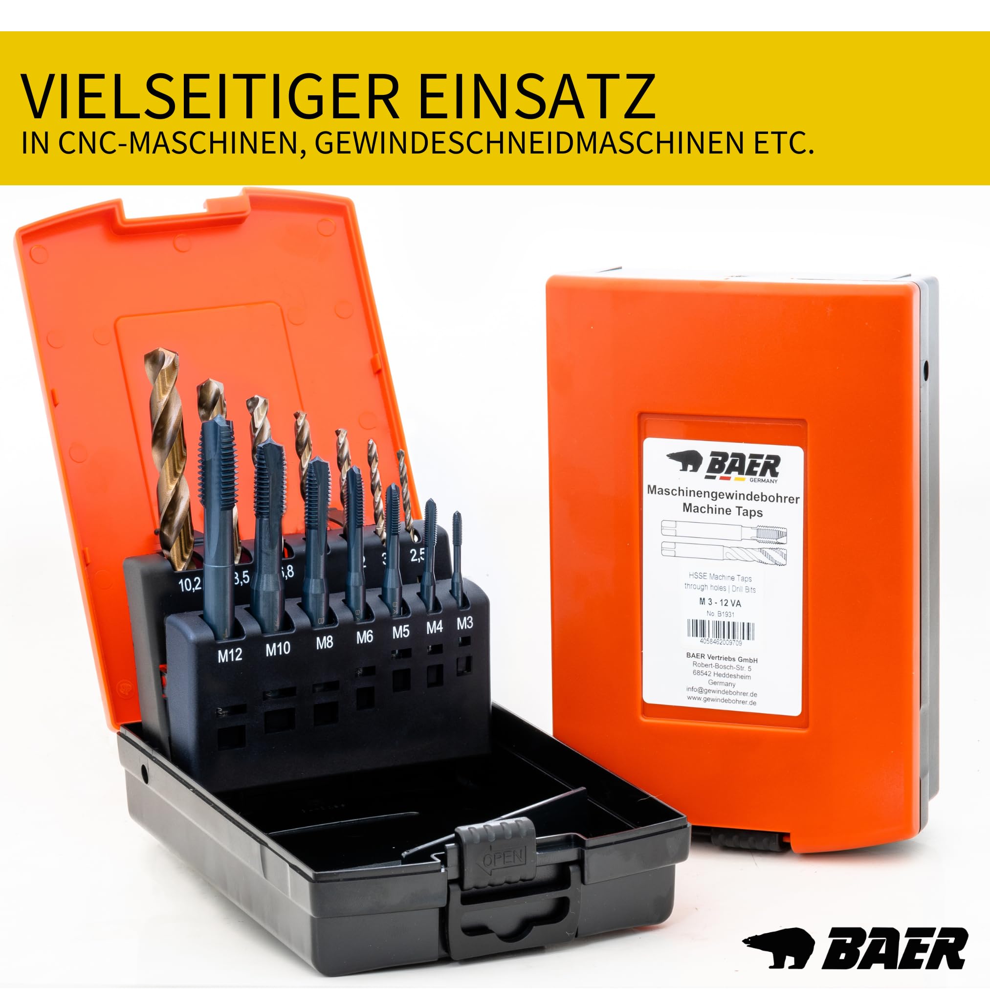 BaerCoil BAER Gewindeschneider Set M3 - M12 - HSSE EDELSTAHL - Maschinengewindebohrer Durchgangsloch + Kernlochbohrer - Edelstahlbohrer - Gewindebohrerset - Gewindeschneidsatz