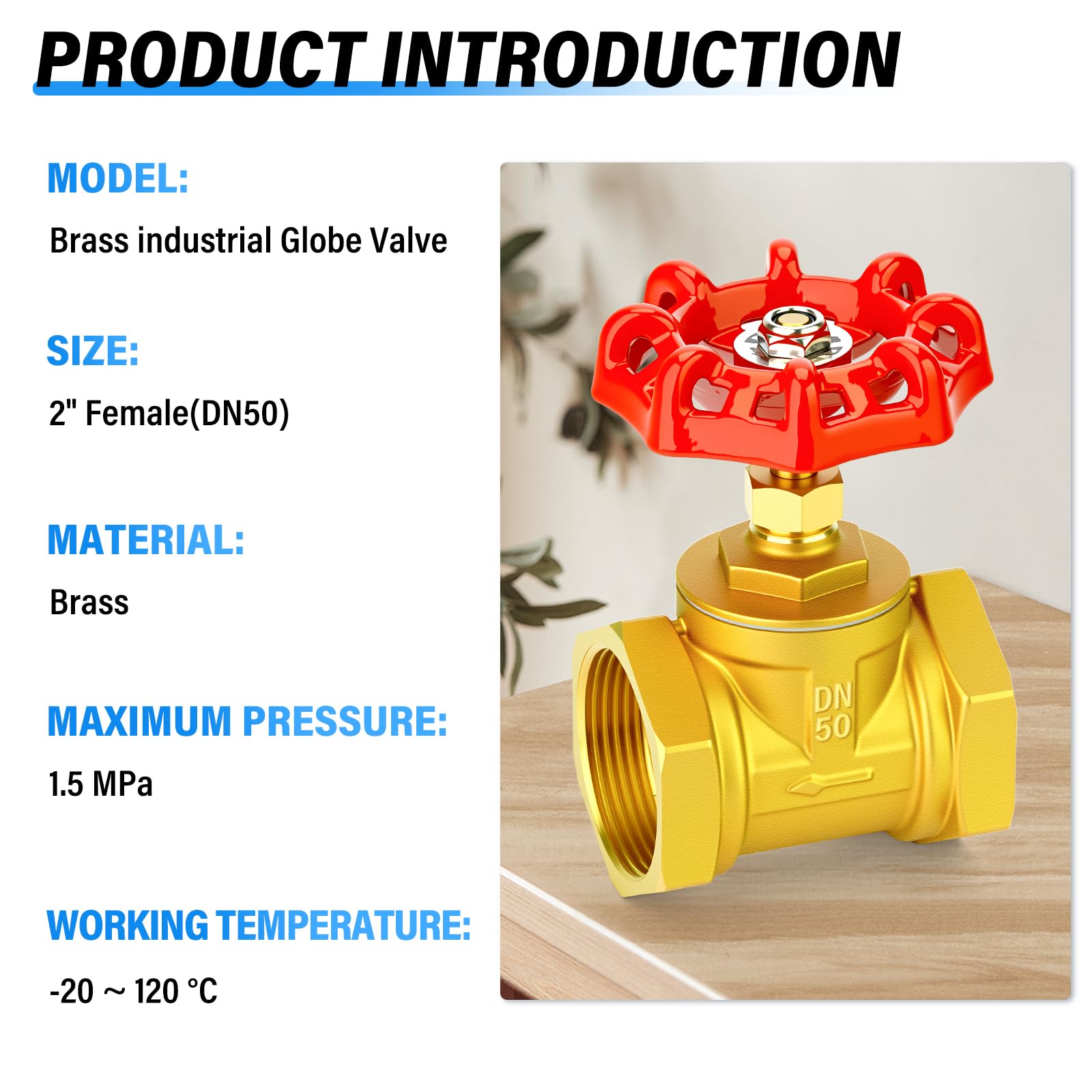 TAILONZ PNEUMATIC 1PCS Messing industrielles Durchgangsventil, DN50 2" Innengewinde mit Radgriff, Heavy Duty Globe Valve Tool für Wasser, Öl, Gas