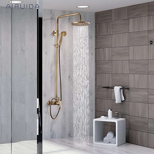 Miniatura 2 de Airuida Sistema de ducha de tubo expuesto de latón antiguo, accesorio de ducha de un solo mango de 8 pulgadas, cabezal de ducha de lluvia ajustable,