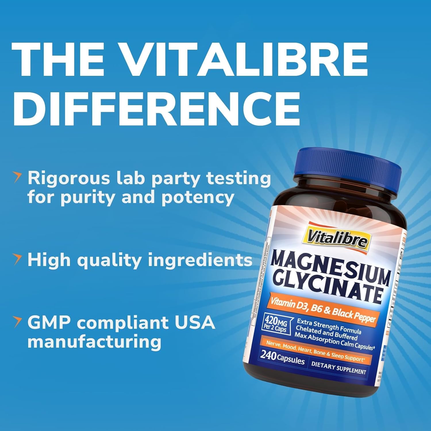 Vitalibre Magnesium Glycinate 420mg with Vitamin D3 & B6 | Chelated & Buffered Magnesium Supplement | High Absorption for Nerve, Bone, Heart, Mood, Sleep Support, 240 Vegan Capsules, Non-GMO