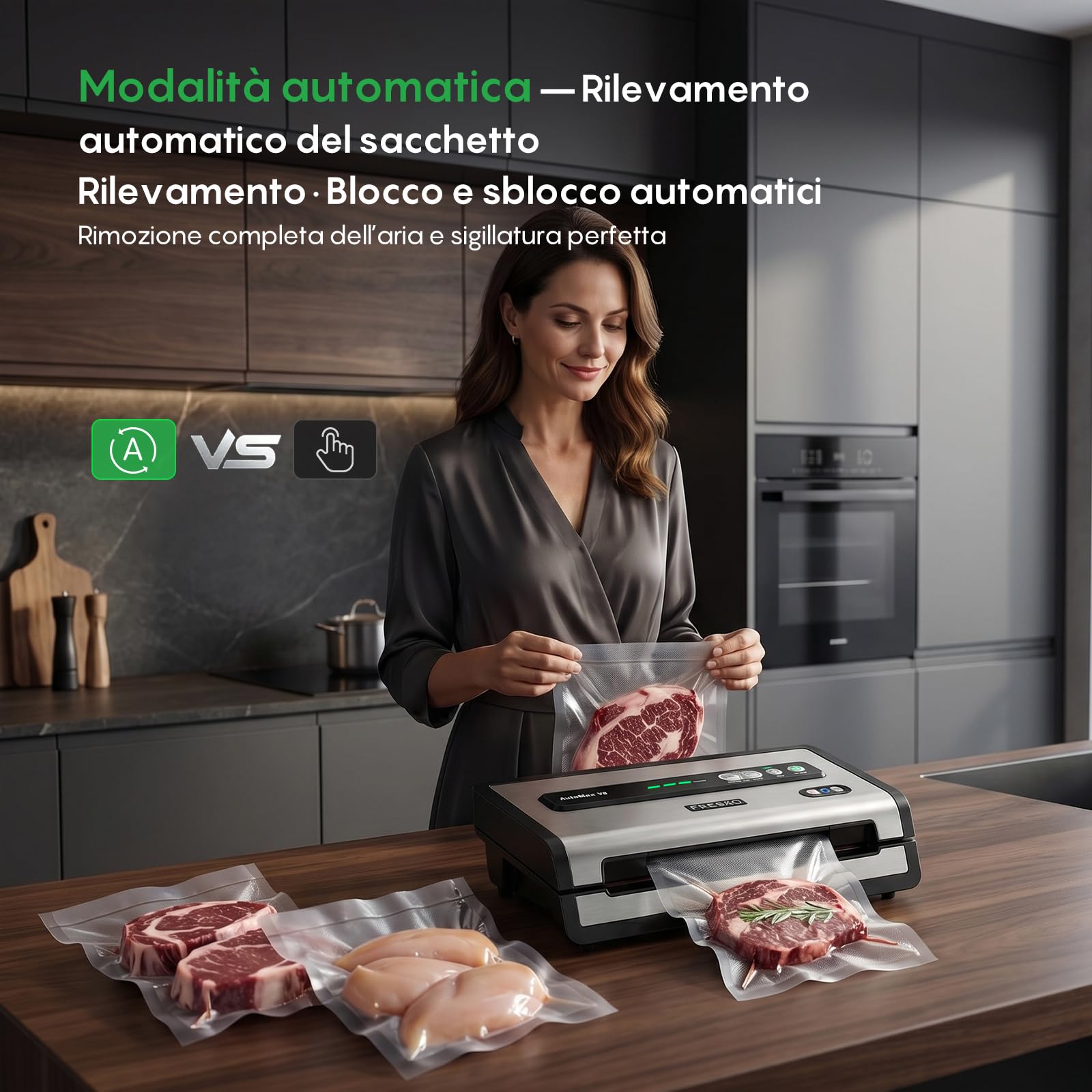 FRESKO Apparecchio Sottovuoto Automatico, 18 L/min Potenza Aspirazione Turbo, Comando a un Tasto, 1 rotoli di sacchetti, 10 Sacchetti Sottovuoto Pretagliati, V8 AutoMax