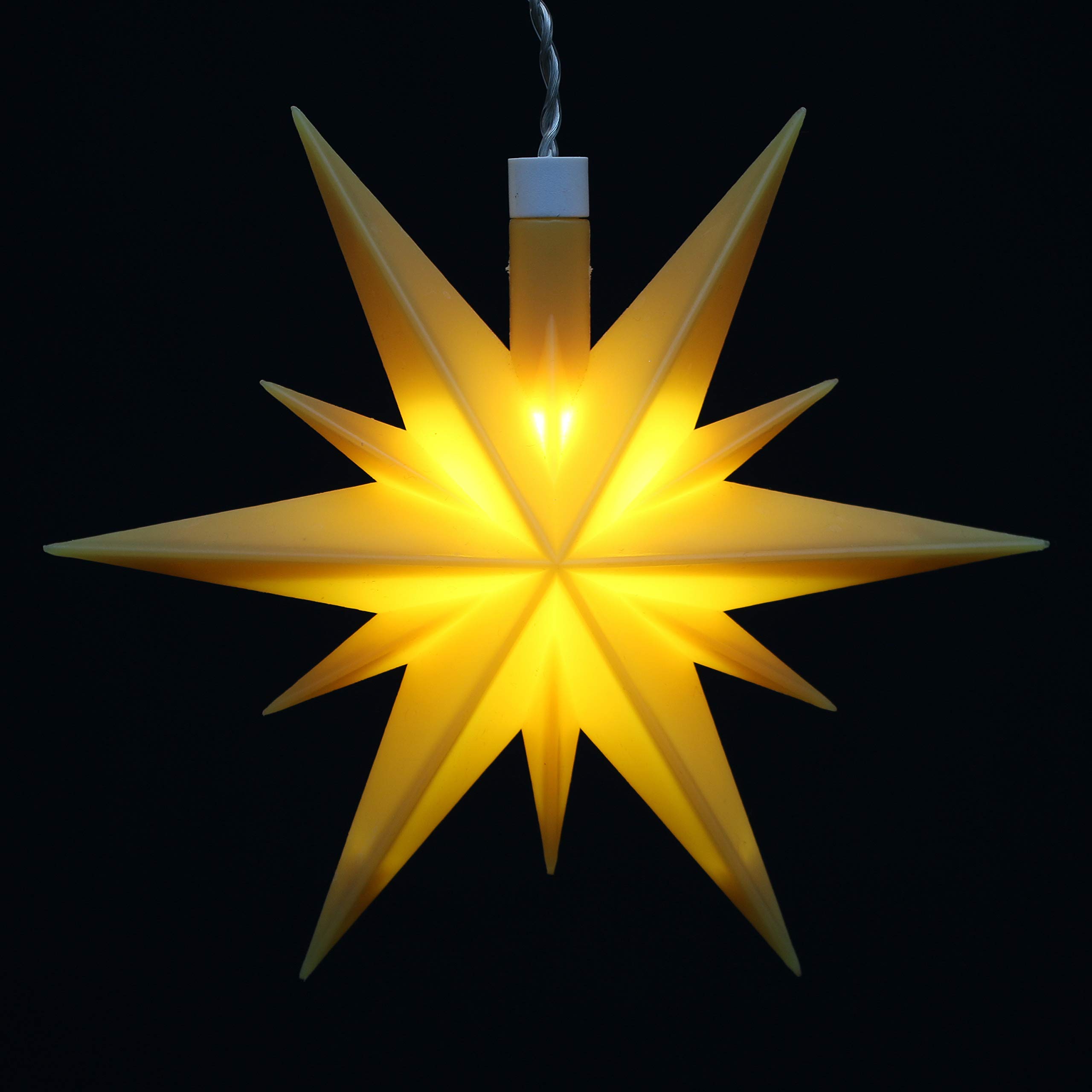 Dekohelden24 3er Set Weihnachtssterne aus Kunststoff in rot, gelb und Weiss, inkl. LED Beleuchtung und Adapter, für Innen und Außen geeignet. Maße je Stern L/B/H: 13,5 x 5,5 x 12 cm.
