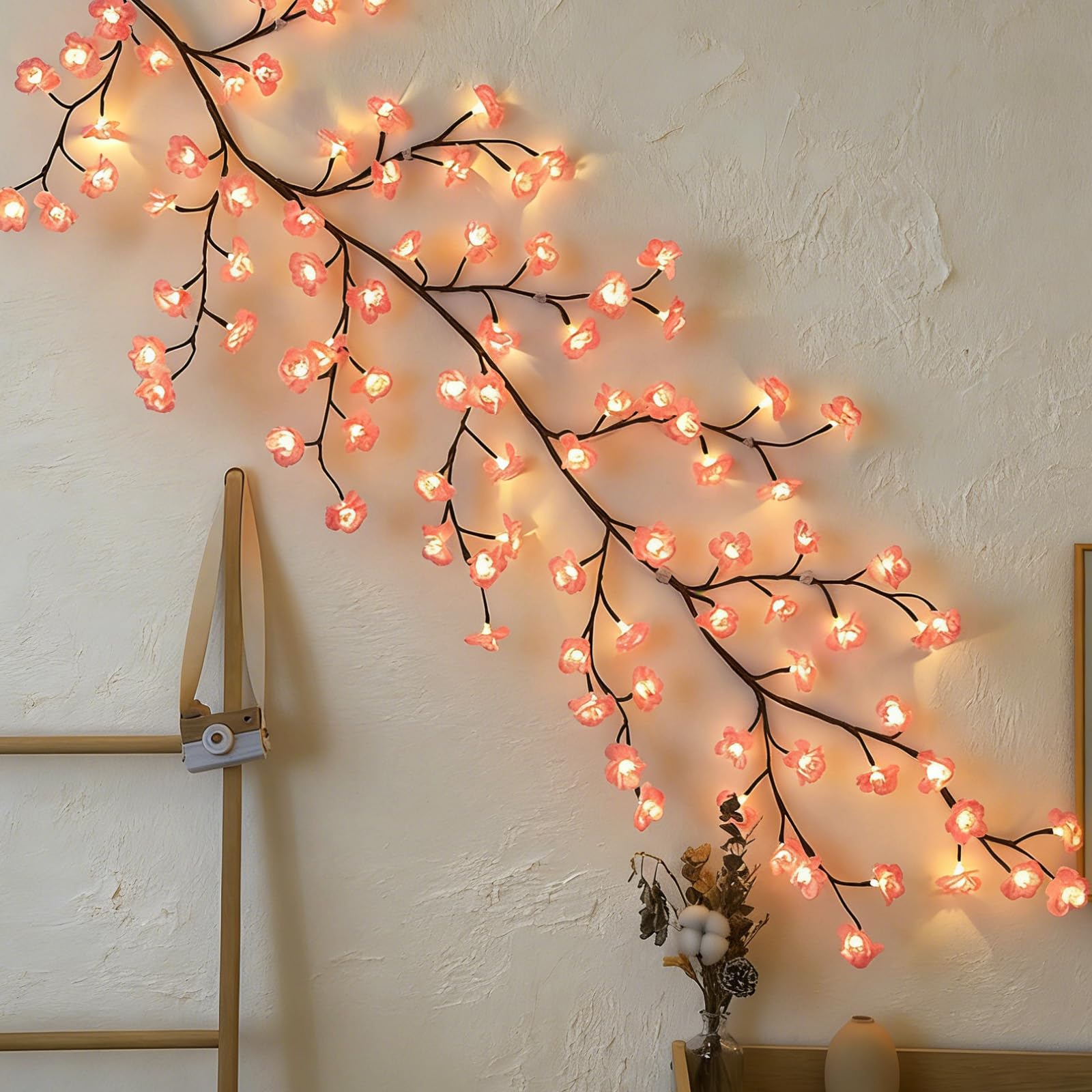 Luces de Ramas de Flores de Cerezo LED,96 LEDs Decoración de Pared de Flores de Cerezo 180CM,Cadena de luces con Flor de Cerezo,Luces LED de Ramas de árbol de Cerezo para Pared,para Dormitorio,Arte de