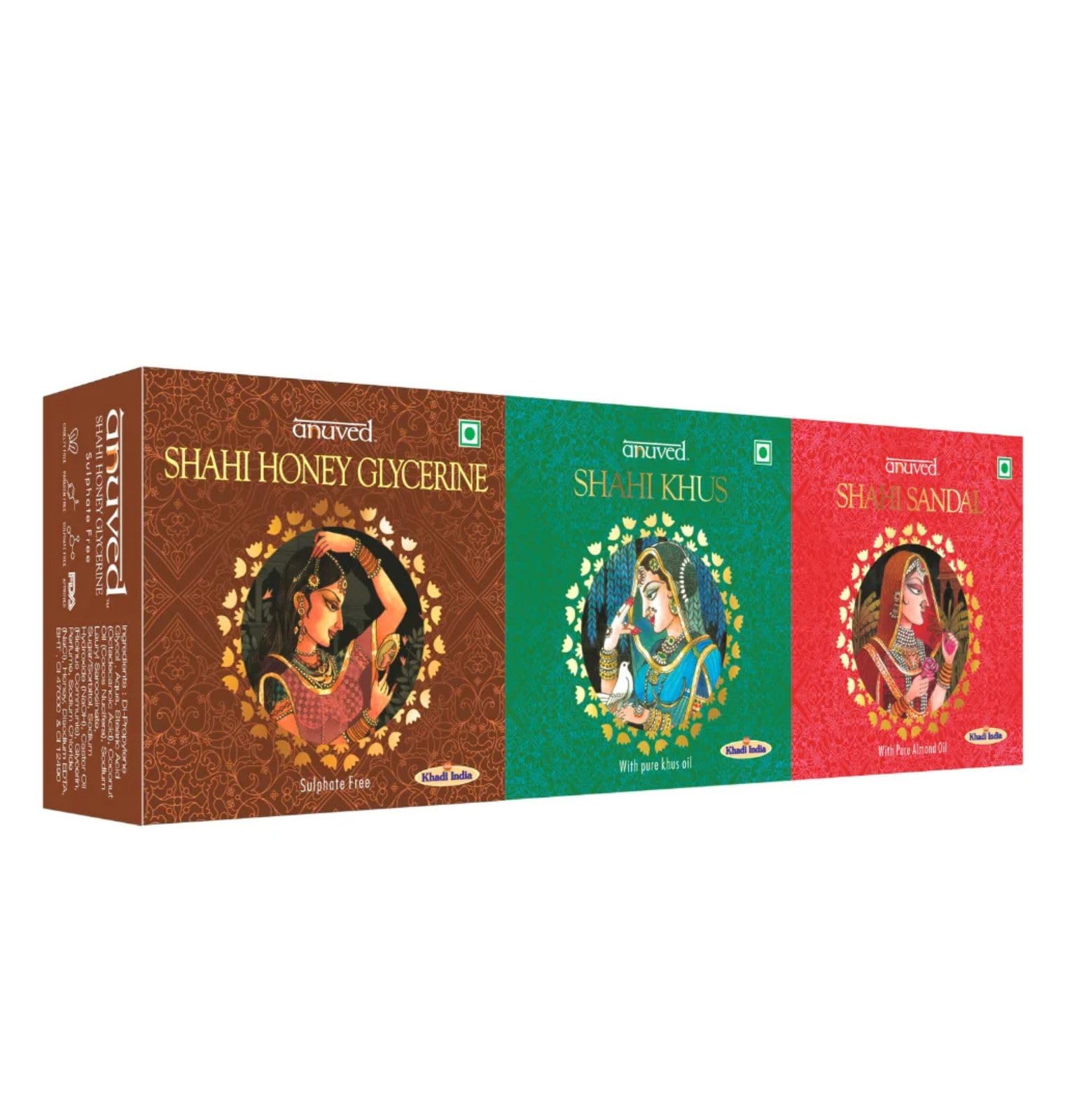 Anuved Shahi Combo of Shahi Honey Glycerine, Shahi Khus & Shahi Sandal Soaps | Pack of 3 | 125g Each | For Royal Luxurious Bath Experience | Paraben Free, Cruelty Free | Luxury Soaps for Men and Women-image-38