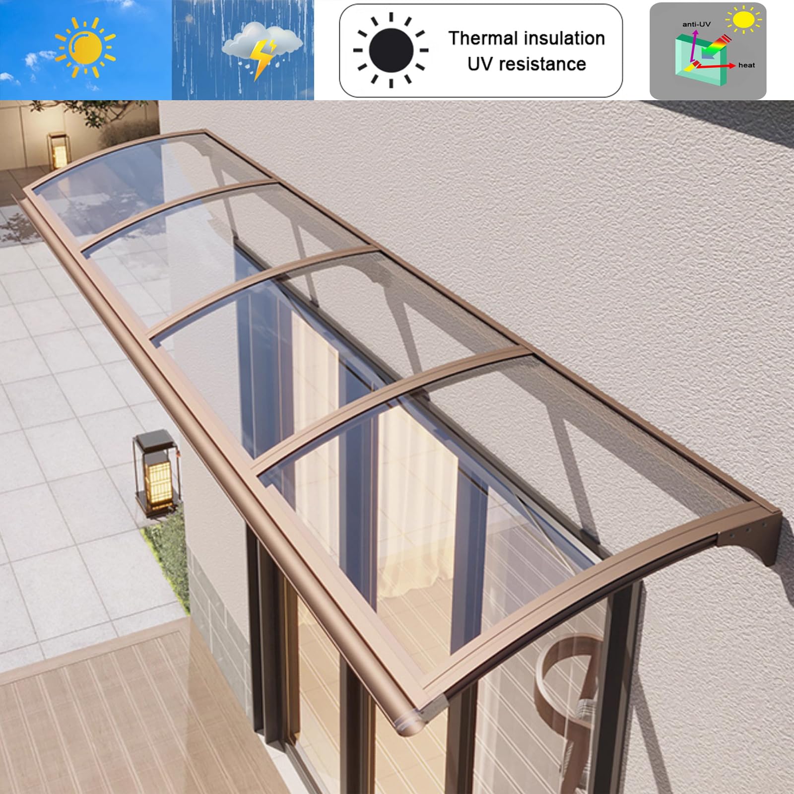 Auvent De Porte Extérieur En Polycarbonate - Transparent, 40x170 Cm, Anti-UV 99%, Support 200 Kg, Facile à Monter