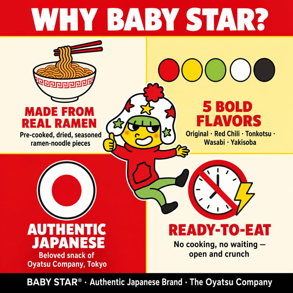 Baby Star Tonkotsu Crunchy Ramen Snack Wide | 69.7 g (6 Pack) | Delicious Dry Ramen Snack Packs