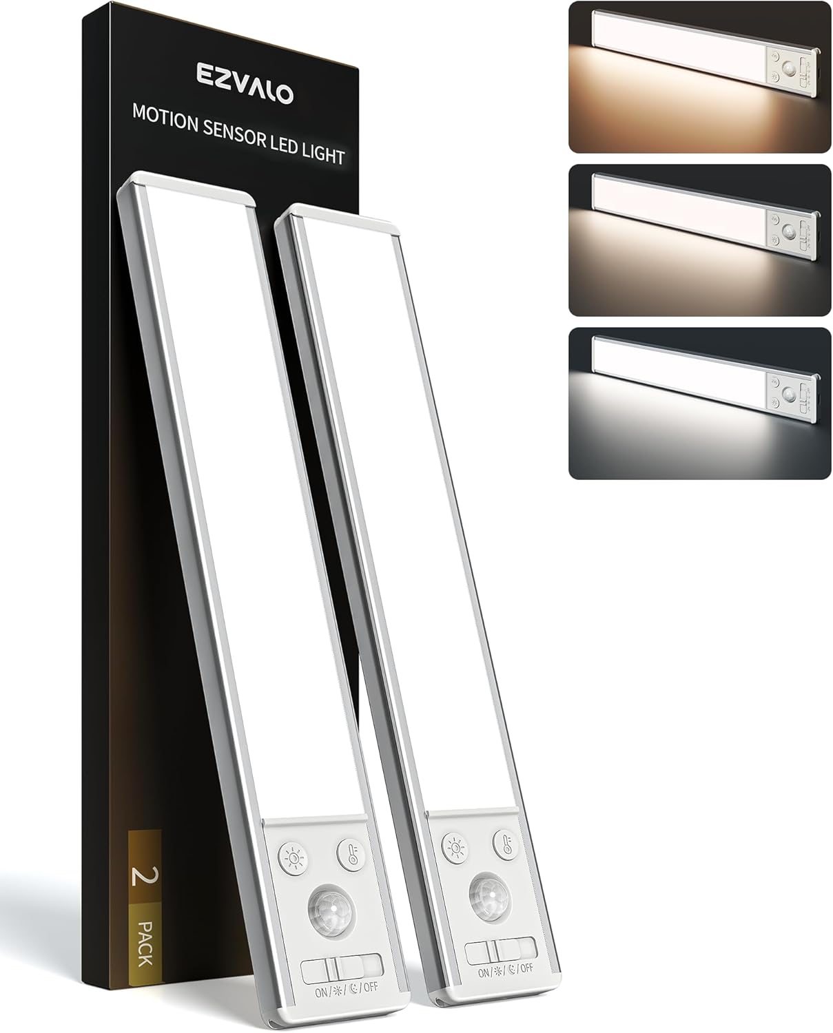 EZVALO 10inch Under Cabinet Lighting, 2500mAh Rechargeable Motion Sensor Lights Indoor with 3 Color Temps, 2 Pack Magnetic Closet Light, 80 LED Dimmable Under Counter Lights for Kitchen, Shelf, Stair